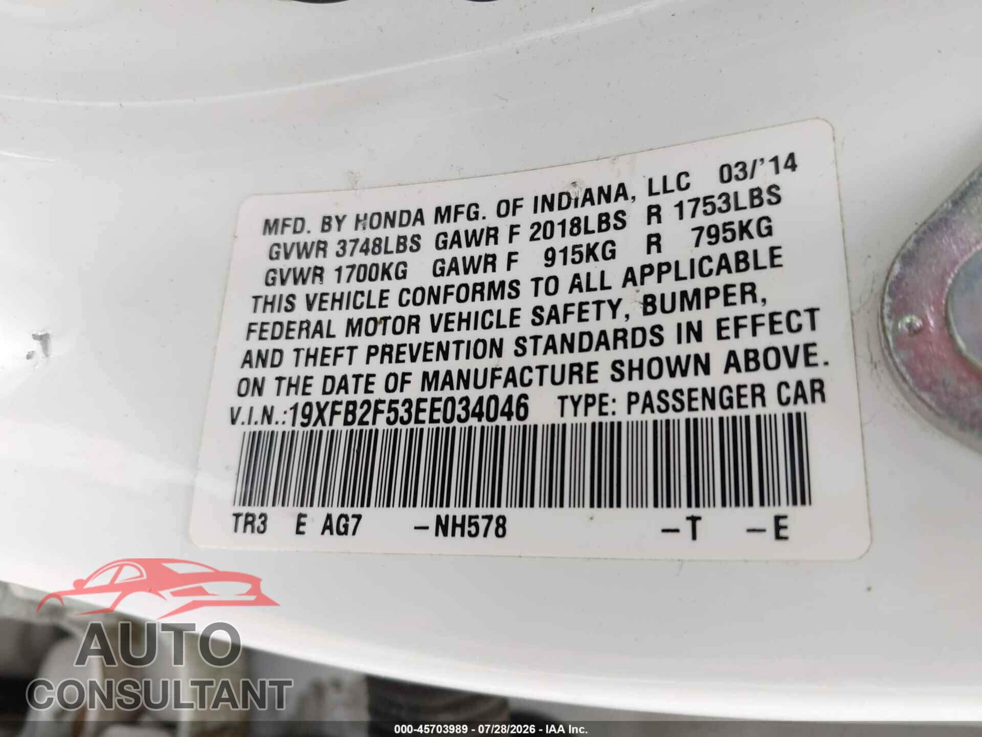 HONDA CIVIC 2014 - 19XFB2F53EE034046