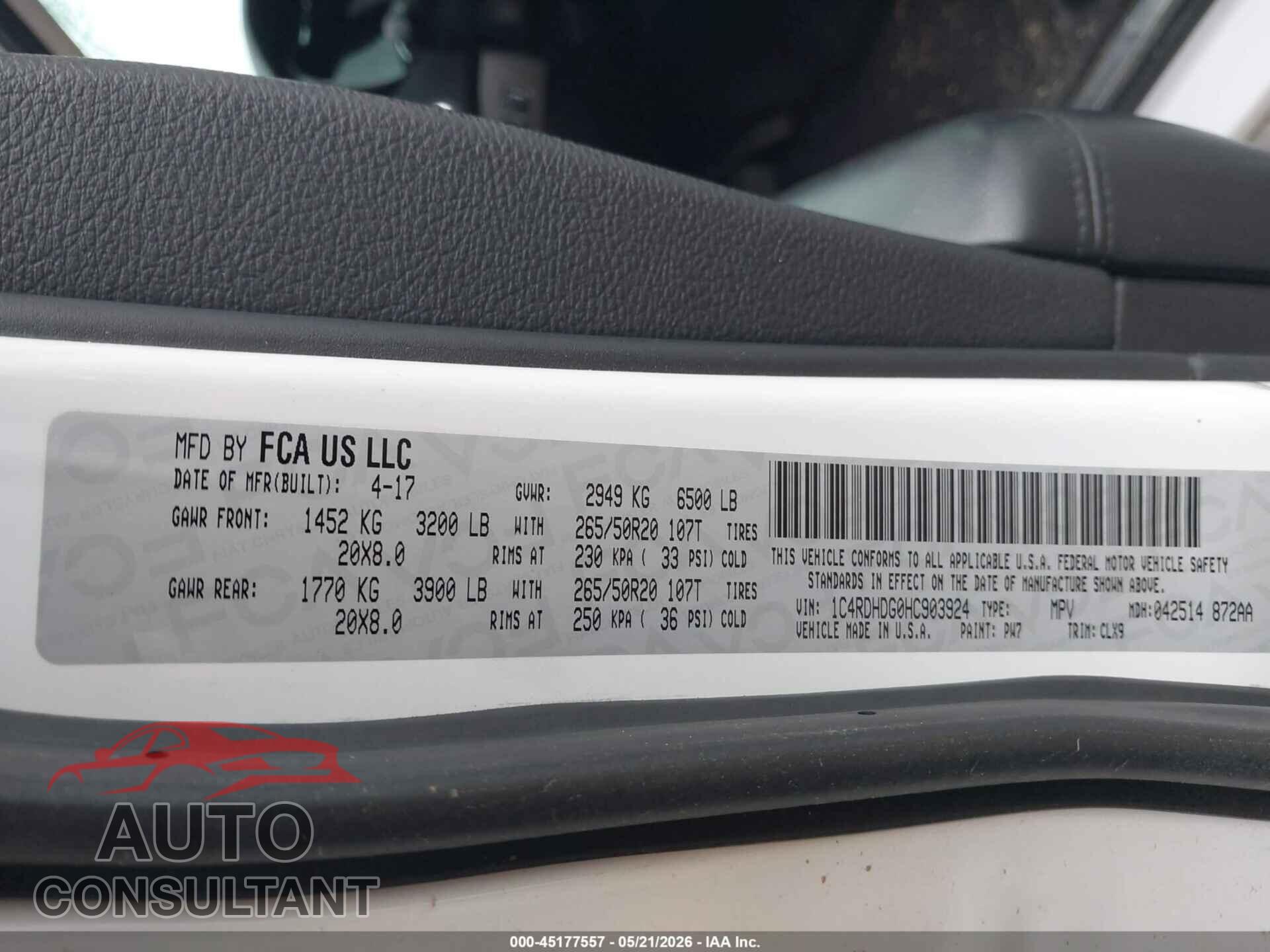 DODGE DURANGO 2017 - 1C4RDHDG0HC903924