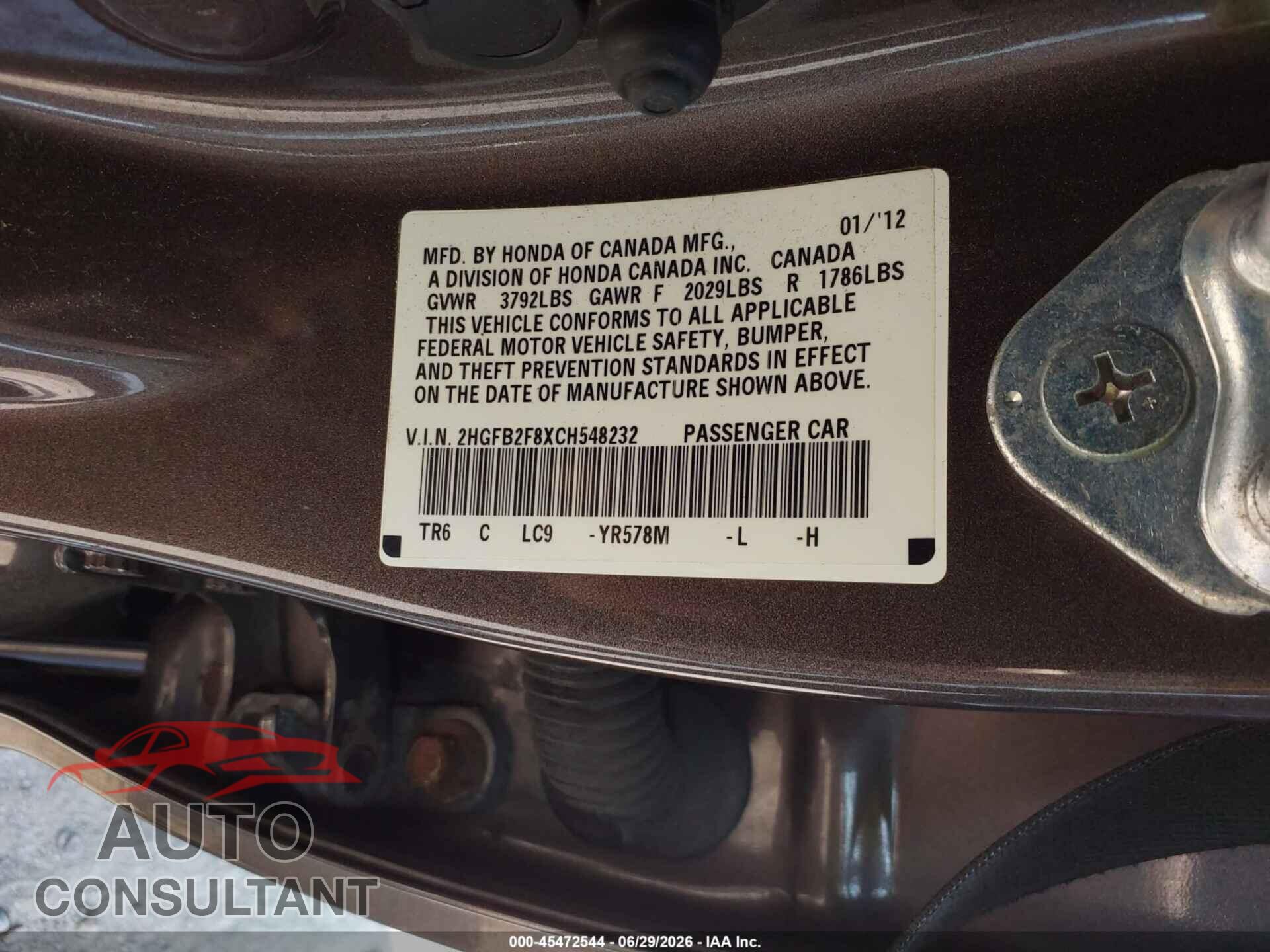HONDA CIVIC 2012 - 2HGFB2F8XCH548232