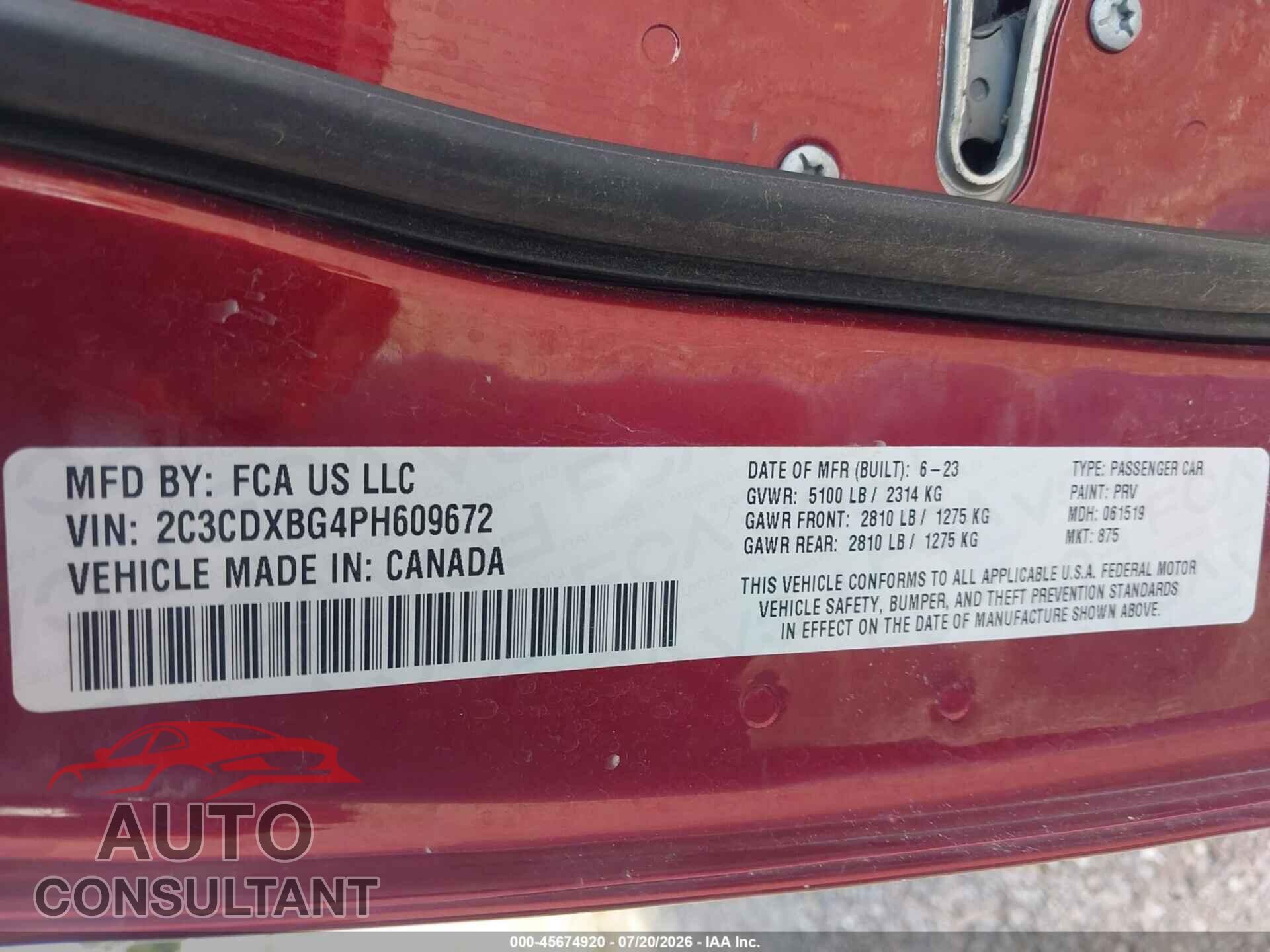 DODGE CHARGER 2023 - 2C3CDXBG4PH609672