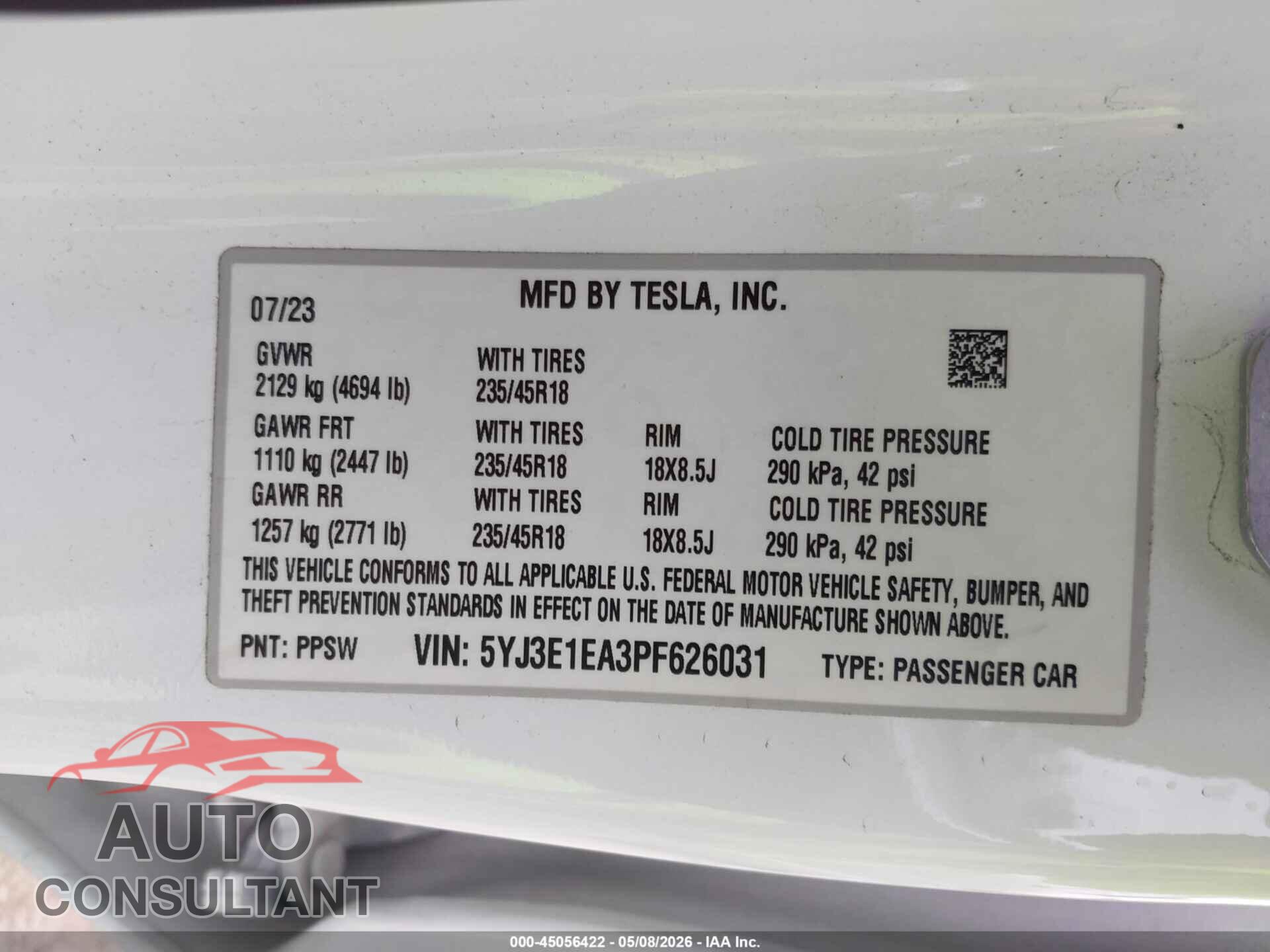 TESLA MODEL 3 2023 - 5YJ3E1EA3PF626031