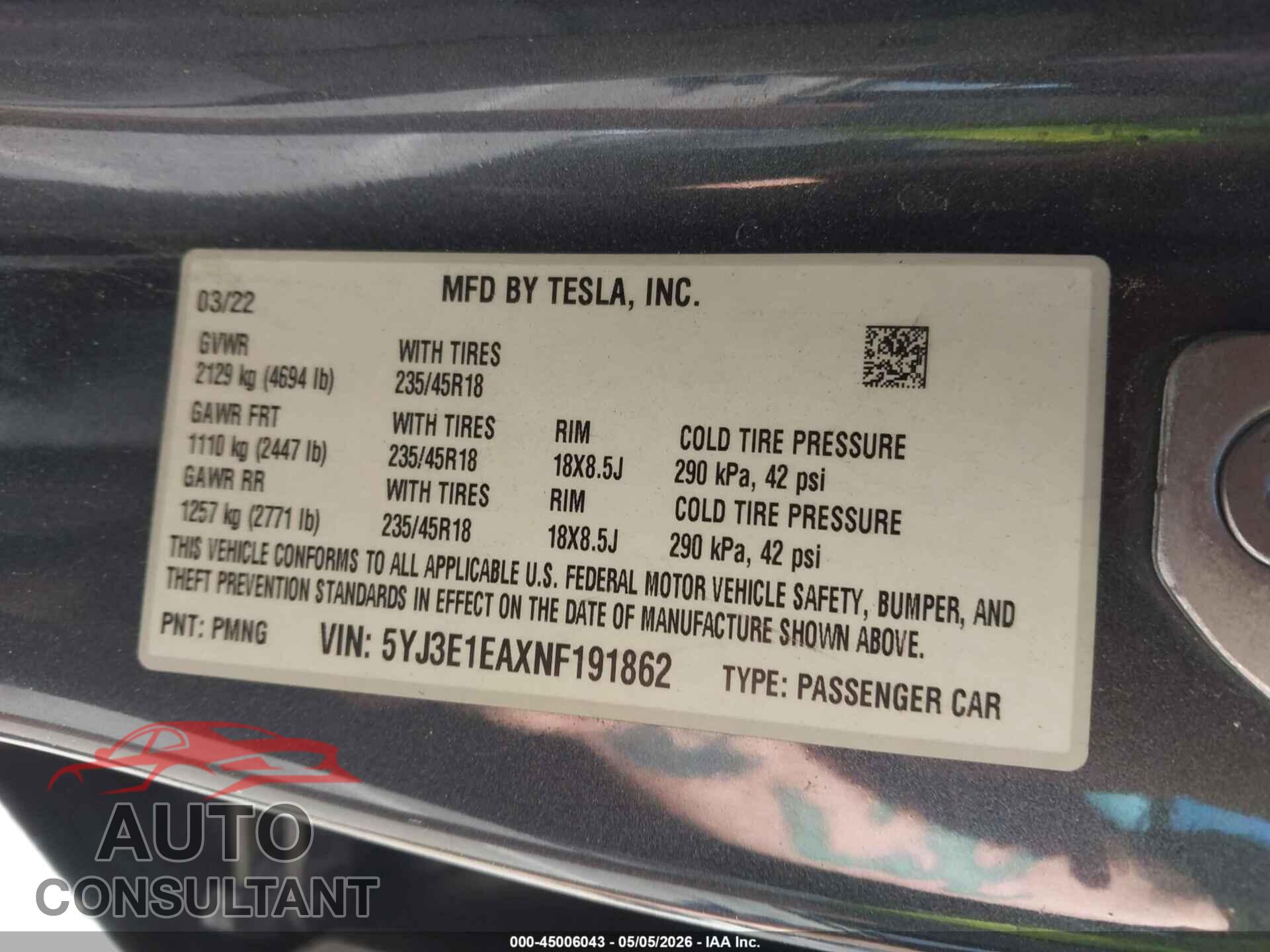TESLA MODEL 3 2022 - 5YJ3E1EAXNF191862