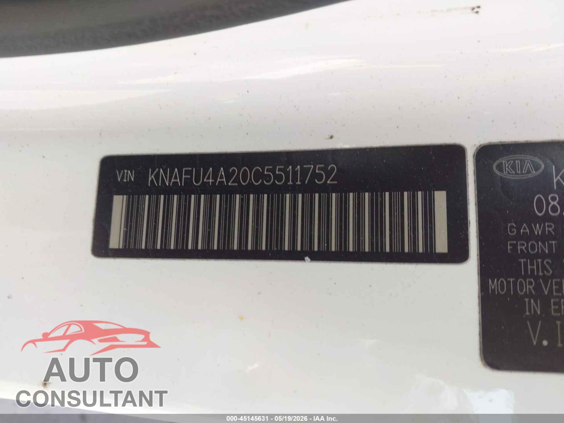 KIA FORTE 2012 - KNAFU4A20C5511752