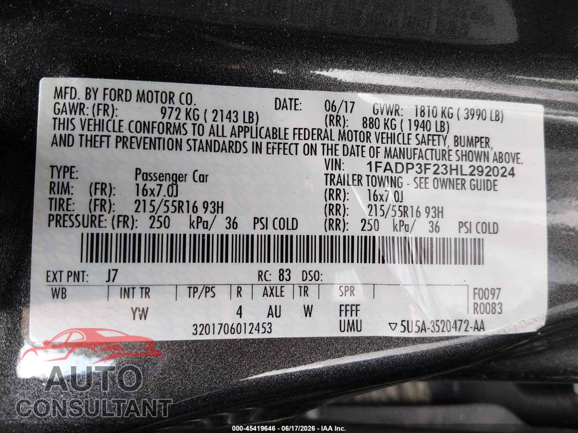 FORD FOCUS 2017 - 1FADP3F23HL292024