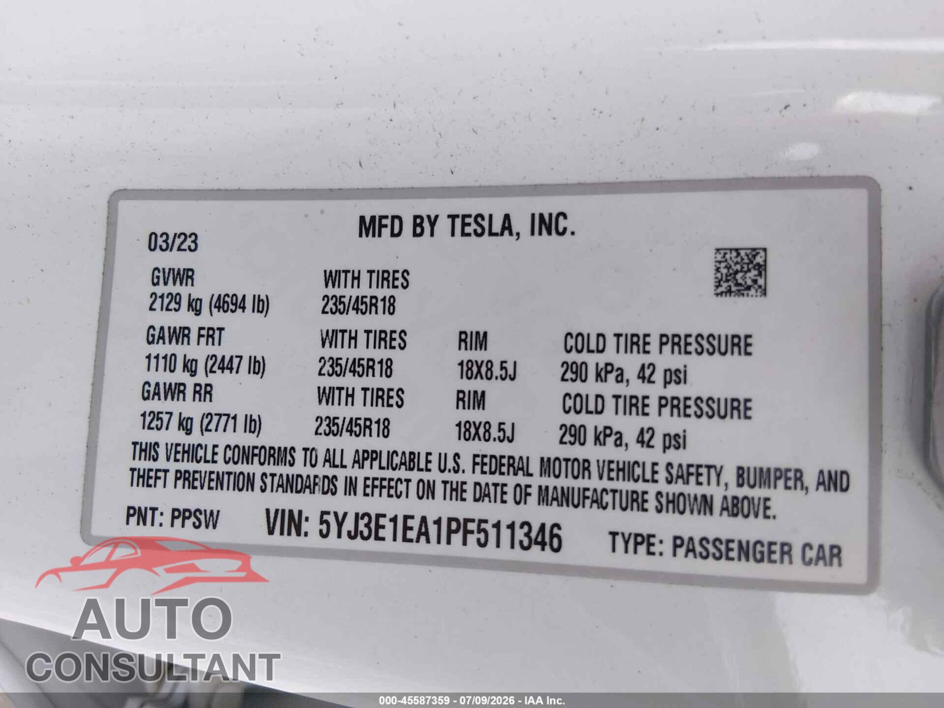 TESLA MODEL 3 2023 - 5YJ3E1EA1PF511346