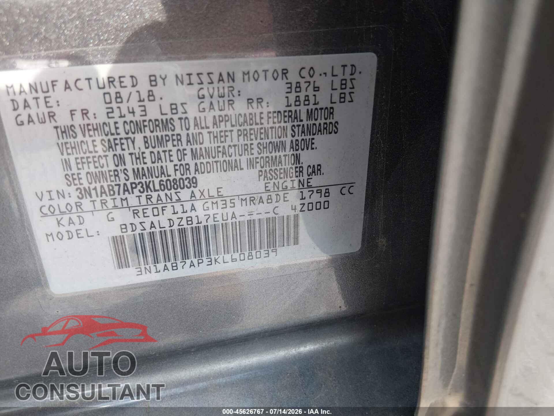 NISSAN SENTRA 2019 - 3N1AB7AP3KL608039