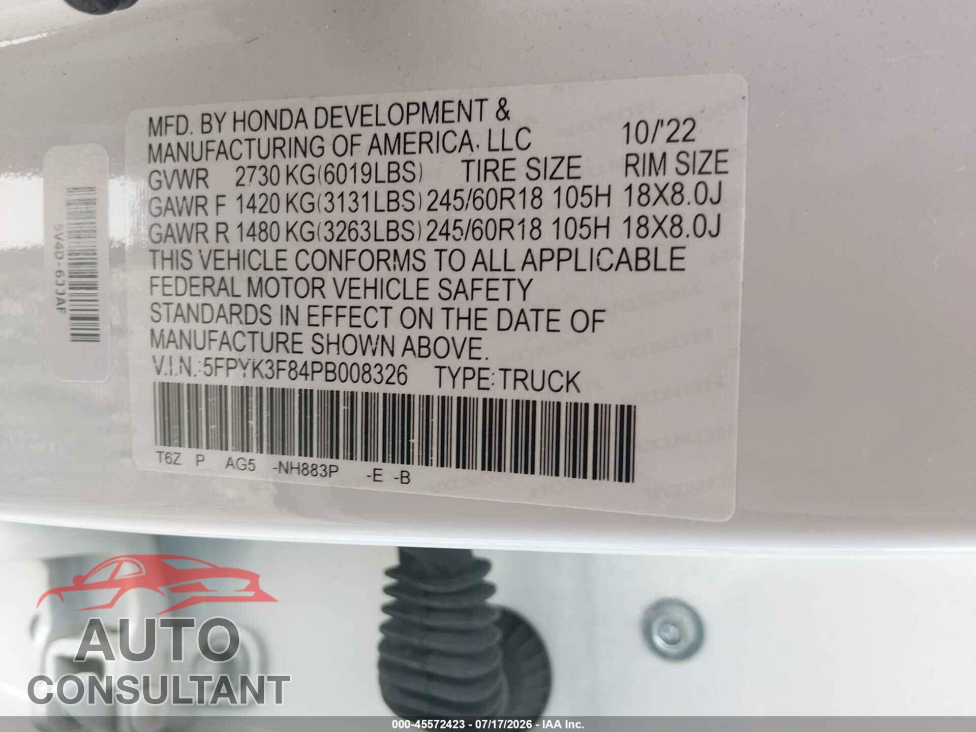 HONDA RIDGELINE 2023 - 5FPYK3F84PB008326