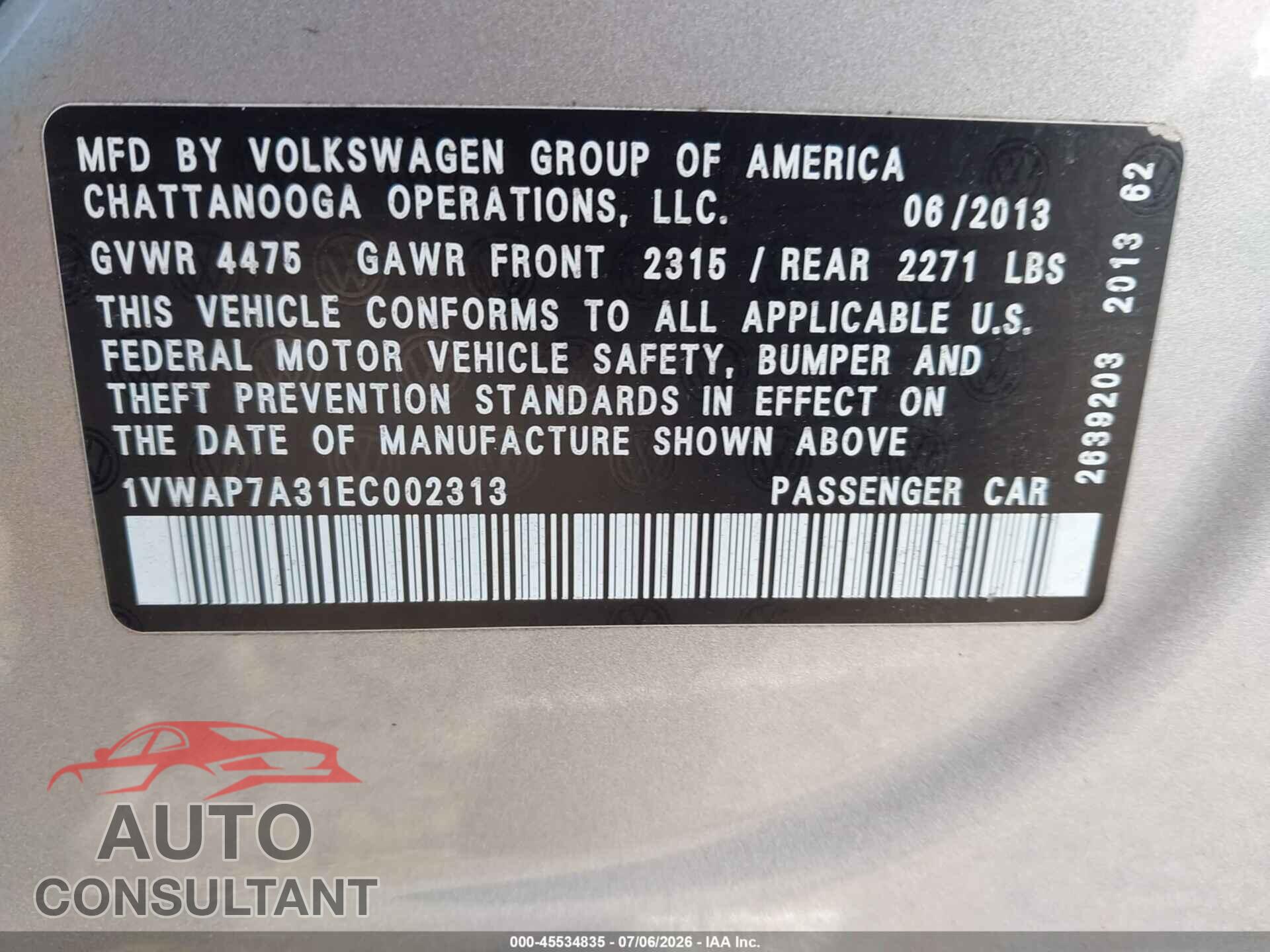 VOLKSWAGEN PASSAT 2014 - 1VWAP7A31EC002313