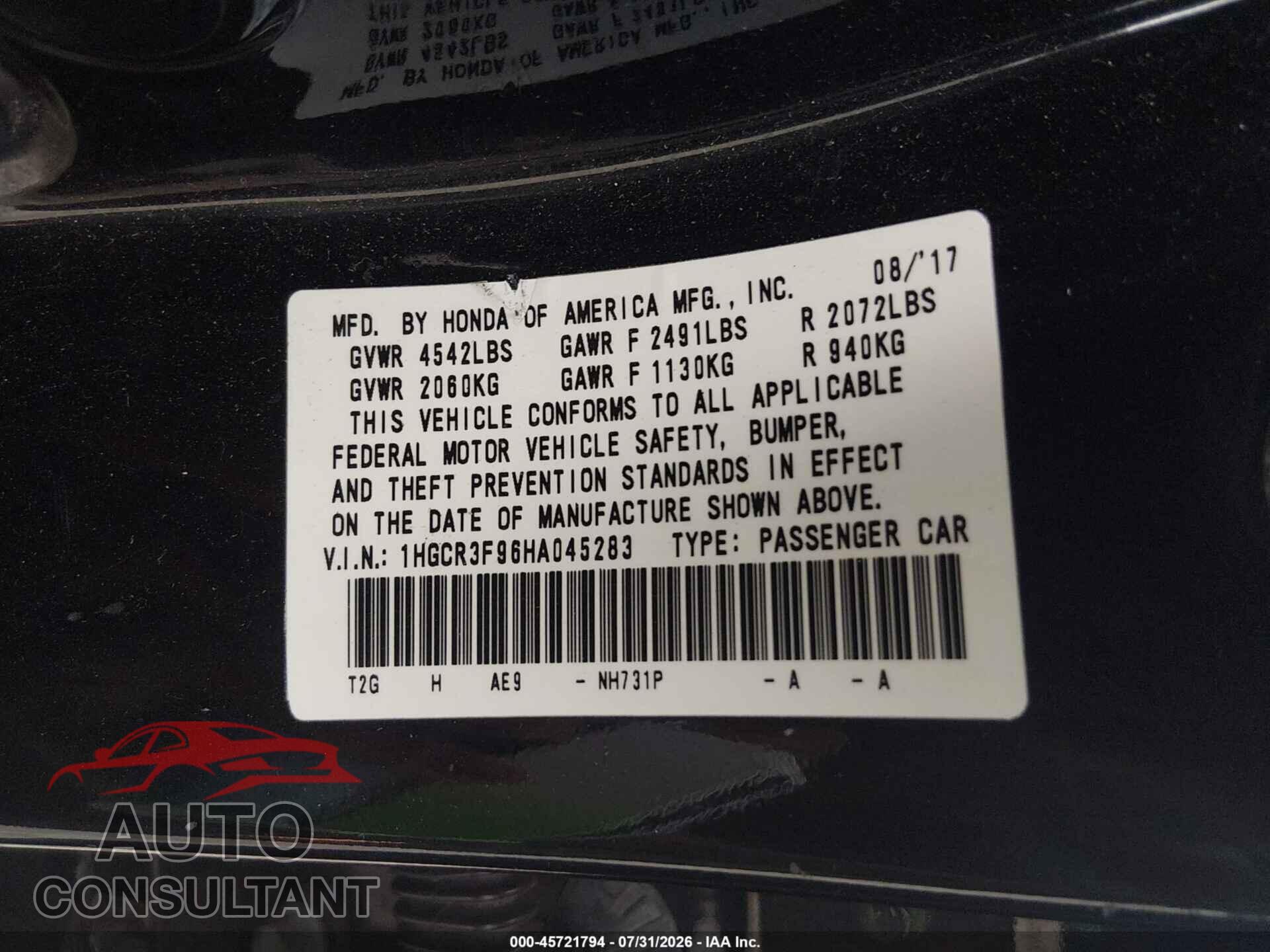 HONDA ACCORD 2017 - 1HGCR3F96HA045283