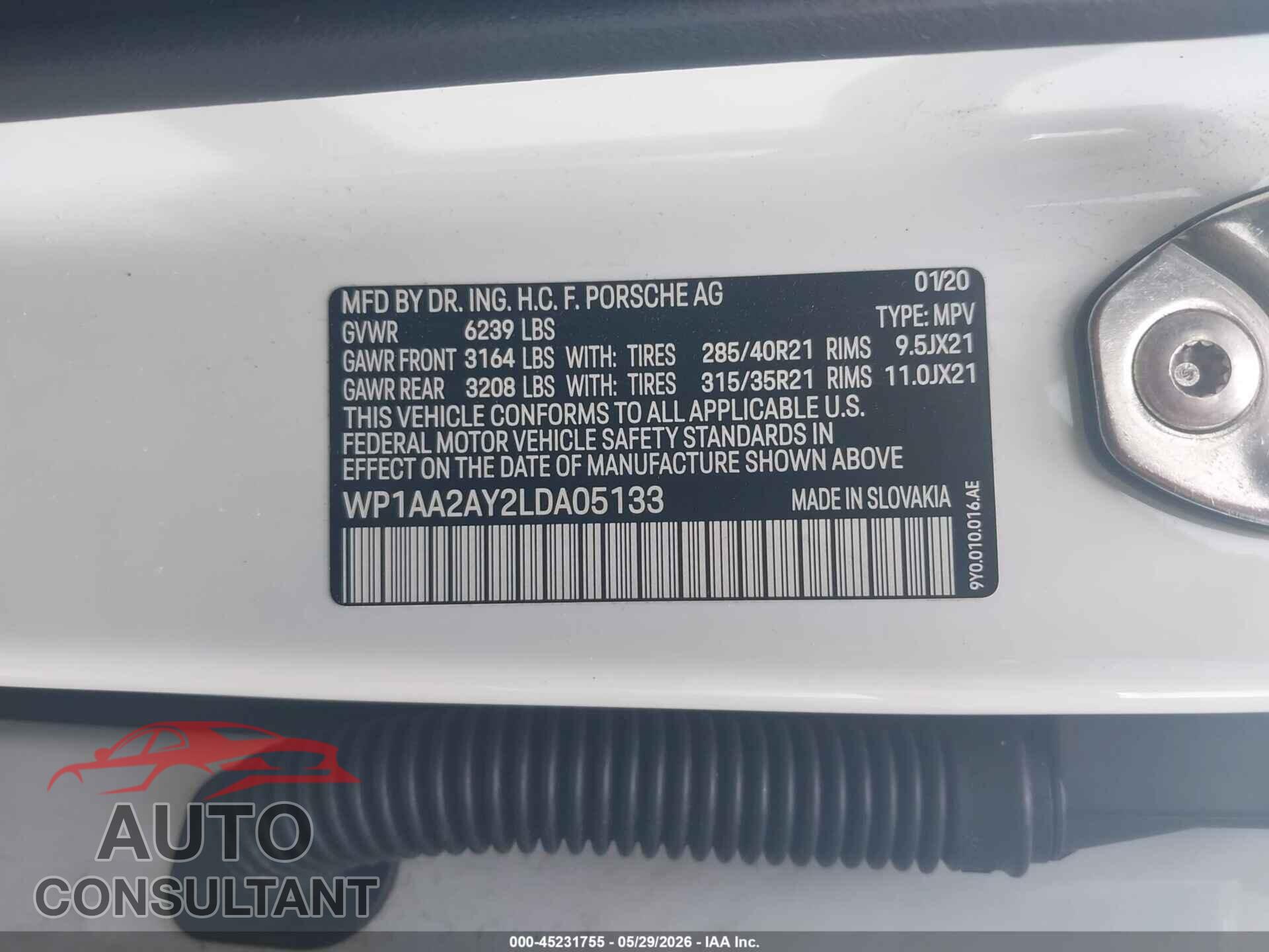 PORSCHE CAYENNE 2020 - WP1AA2AY2LDA05133