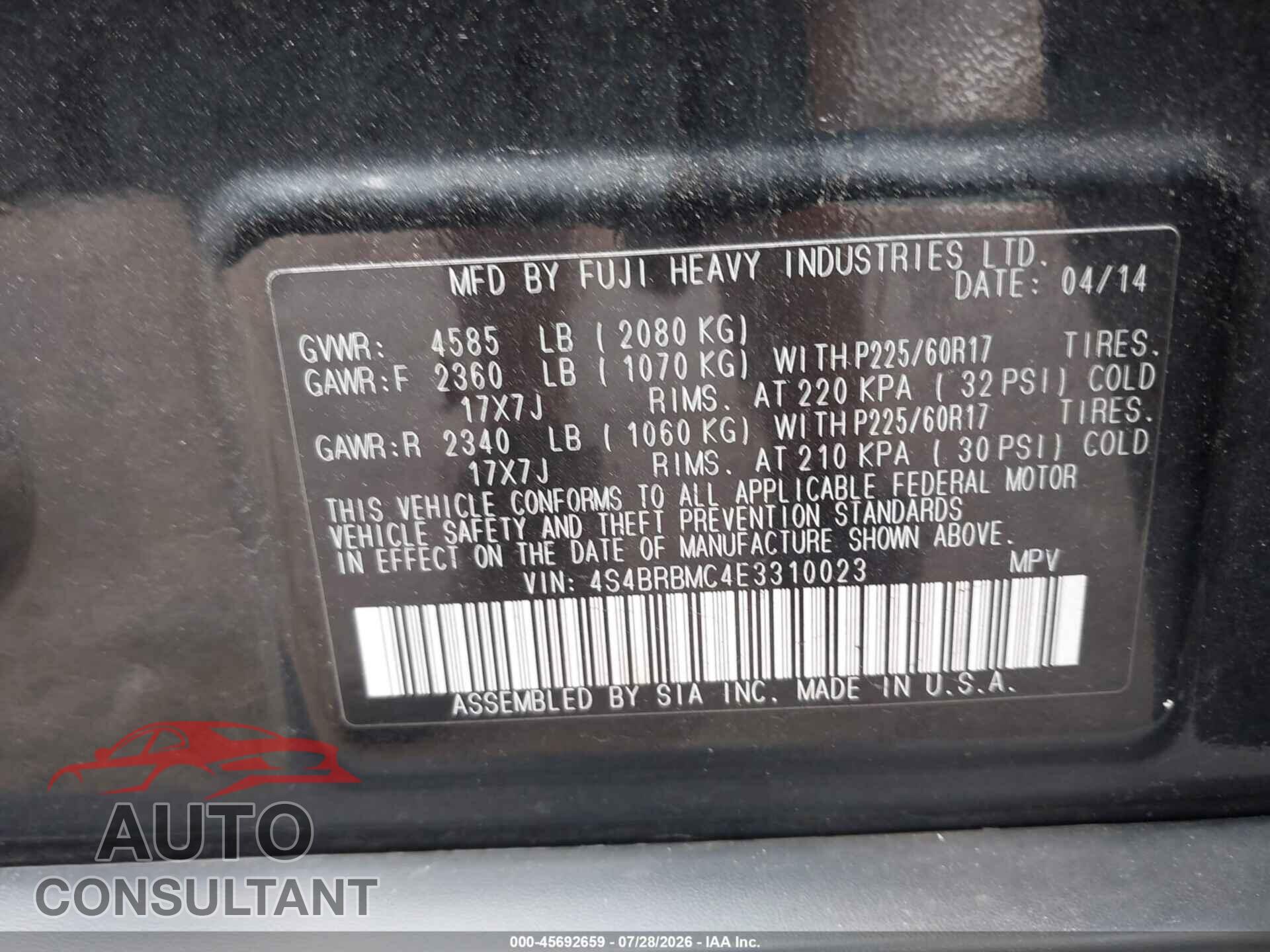SUBARU OUTBACK 2014 - 4S4BRBMC4E3310023