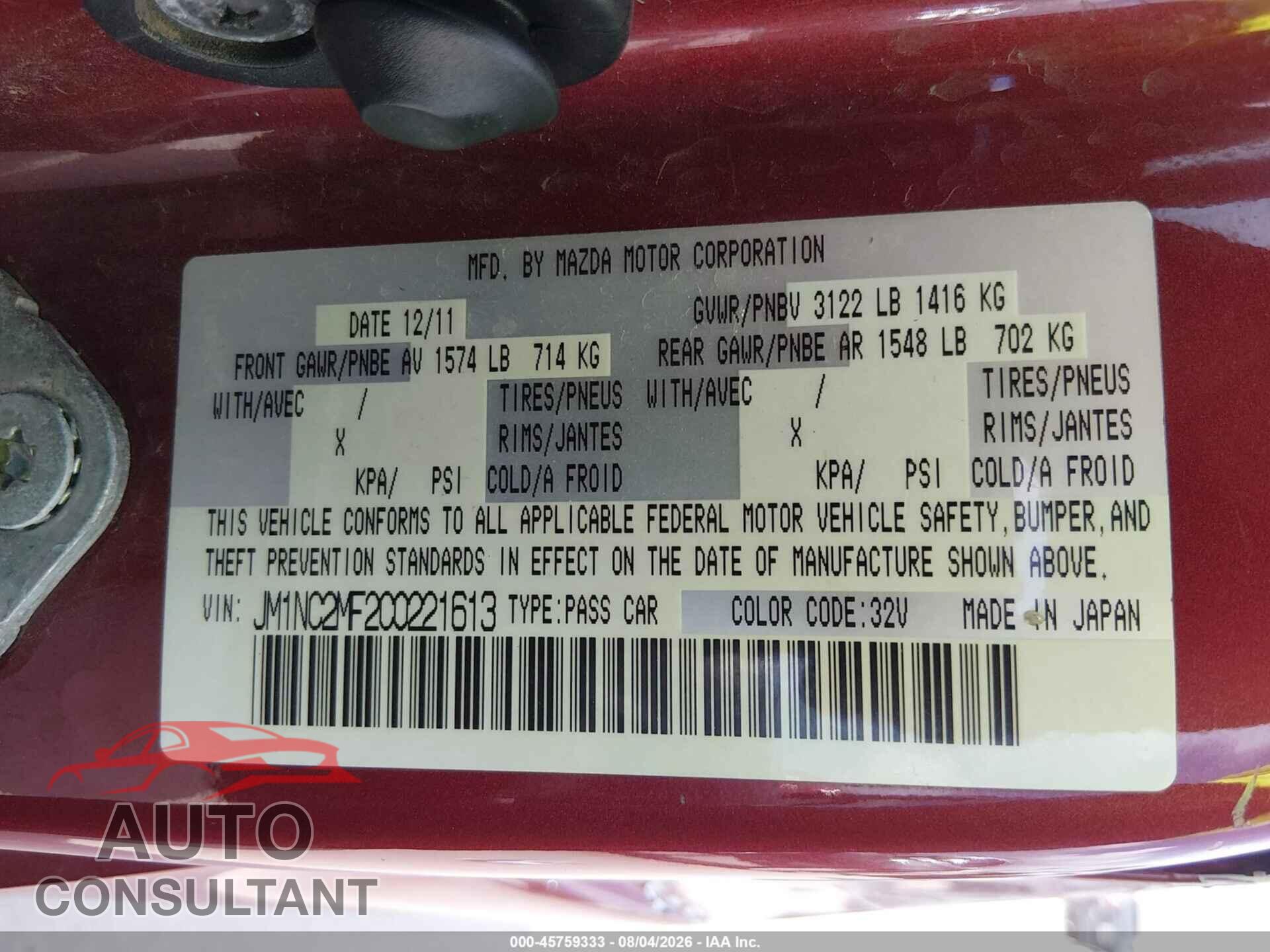 MAZDA MX-5 MIATA 2012 - JM1NC2MF2C0221613