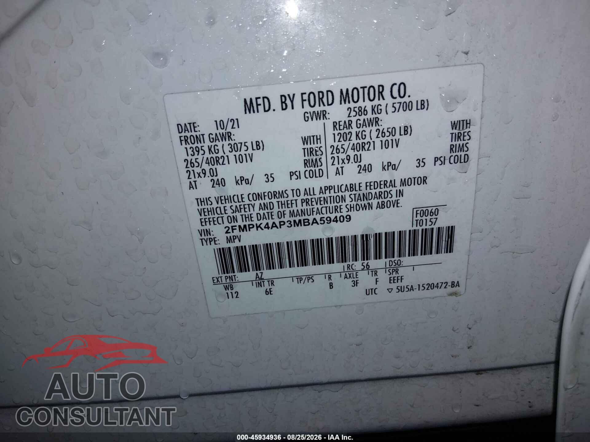 FORD EDGE 2021 - 2FMPK4AP3MBA59409