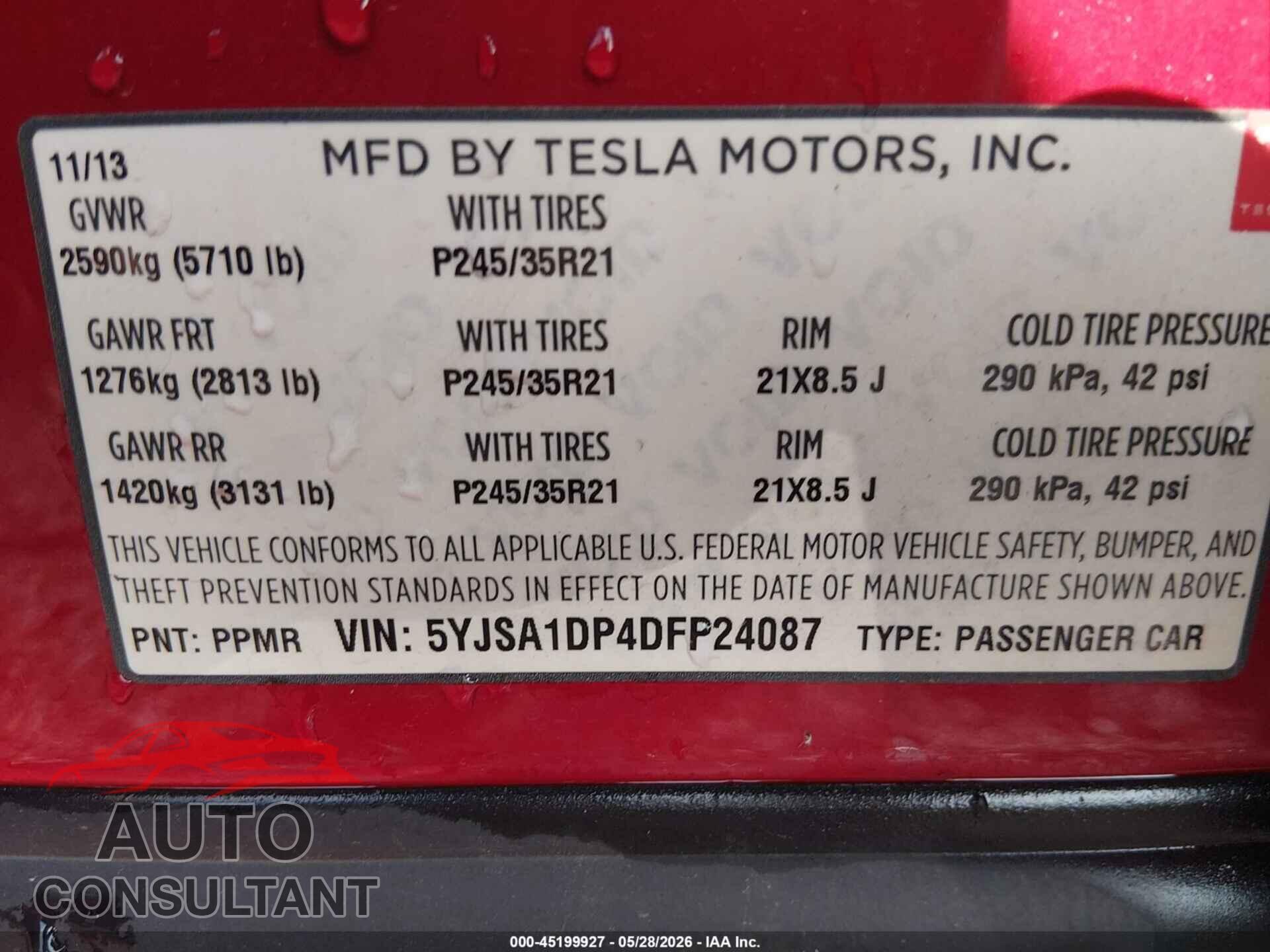 TESLA MODEL S 2013 - 5YJSA1DP4DFP24087