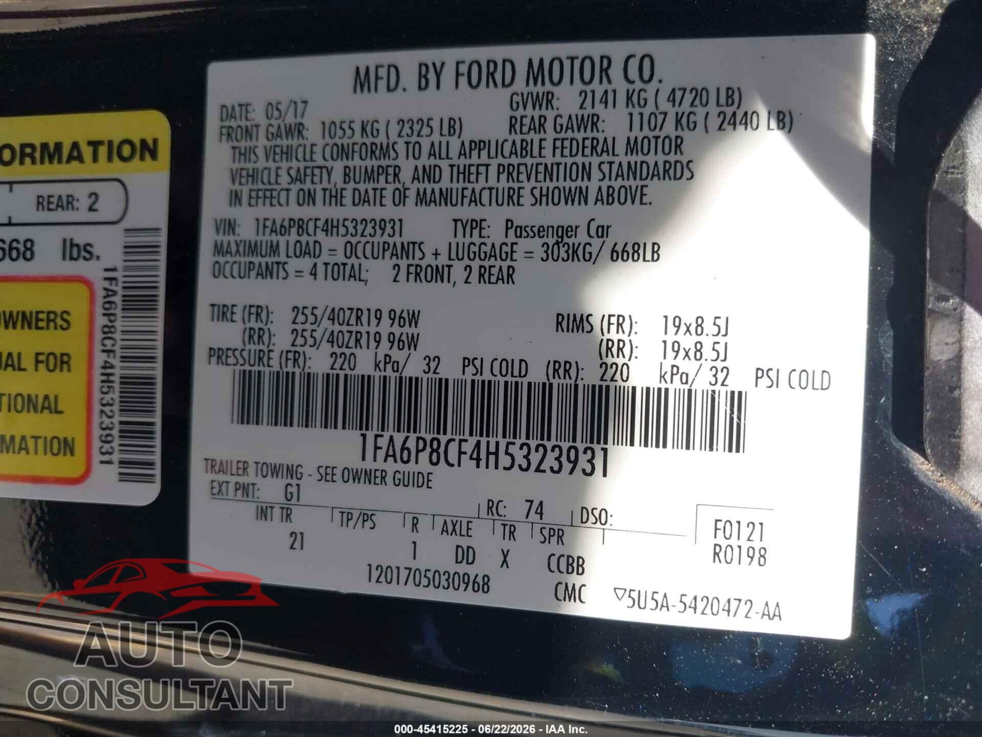 FORD MUSTANG 2017 - 1FA6P8CF4H5323931