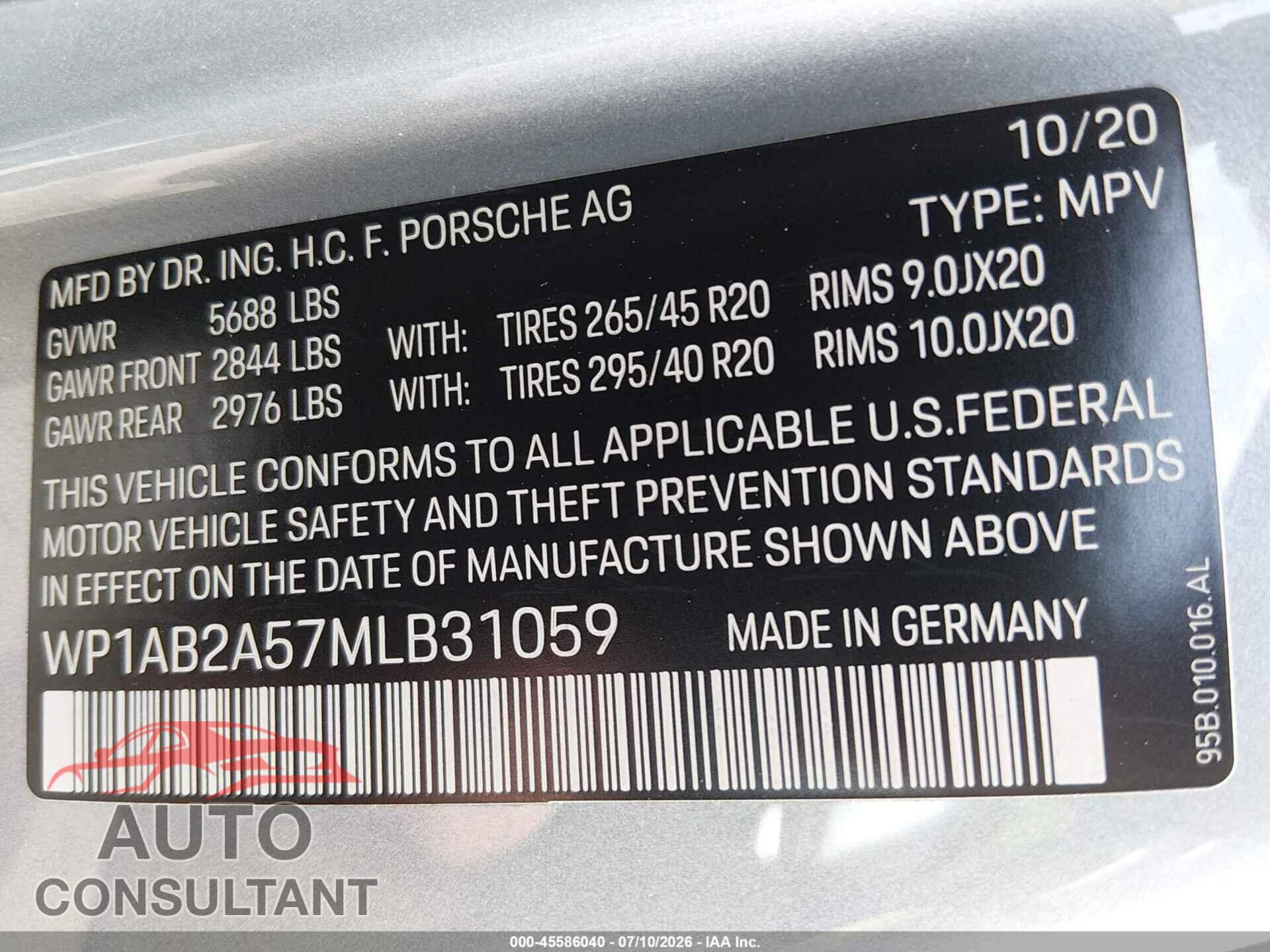 PORSCHE MACAN 2021 - WP1AB2A57MLB31059