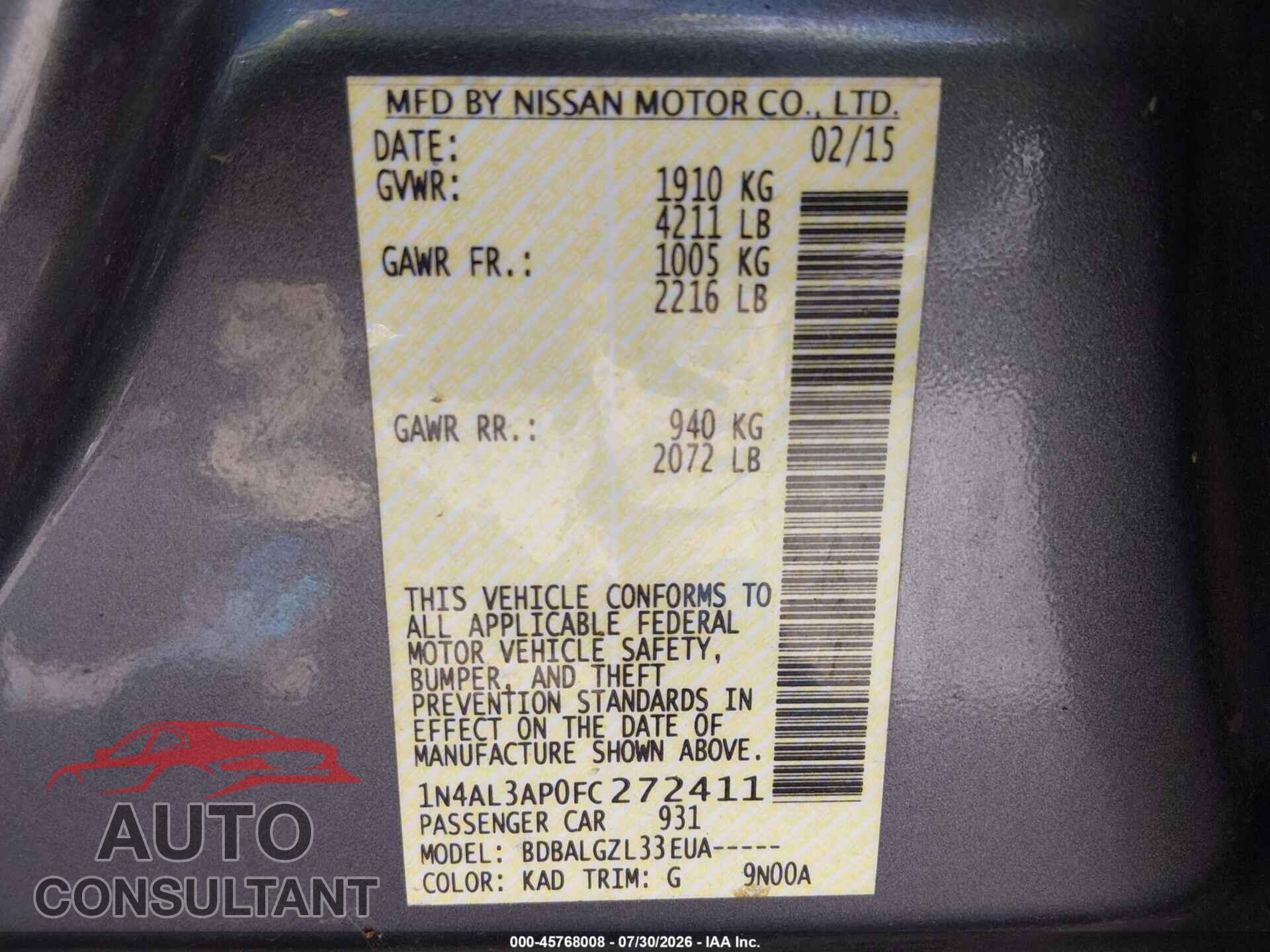 NISSAN ALTIMA 2015 - 1N4AL3AP0FC272411