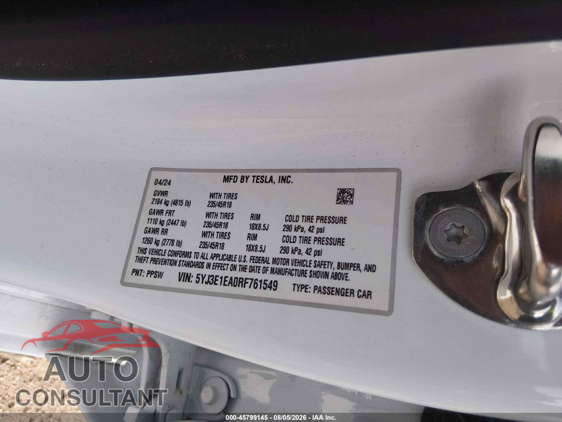TESLA MODEL 3 2024 - 5YJ3E1EA0RF761549
