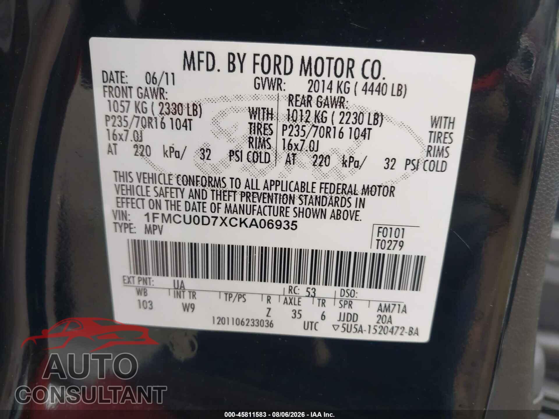 FORD ESCAPE 2012 - 1FMCU0D7XCKA06935
