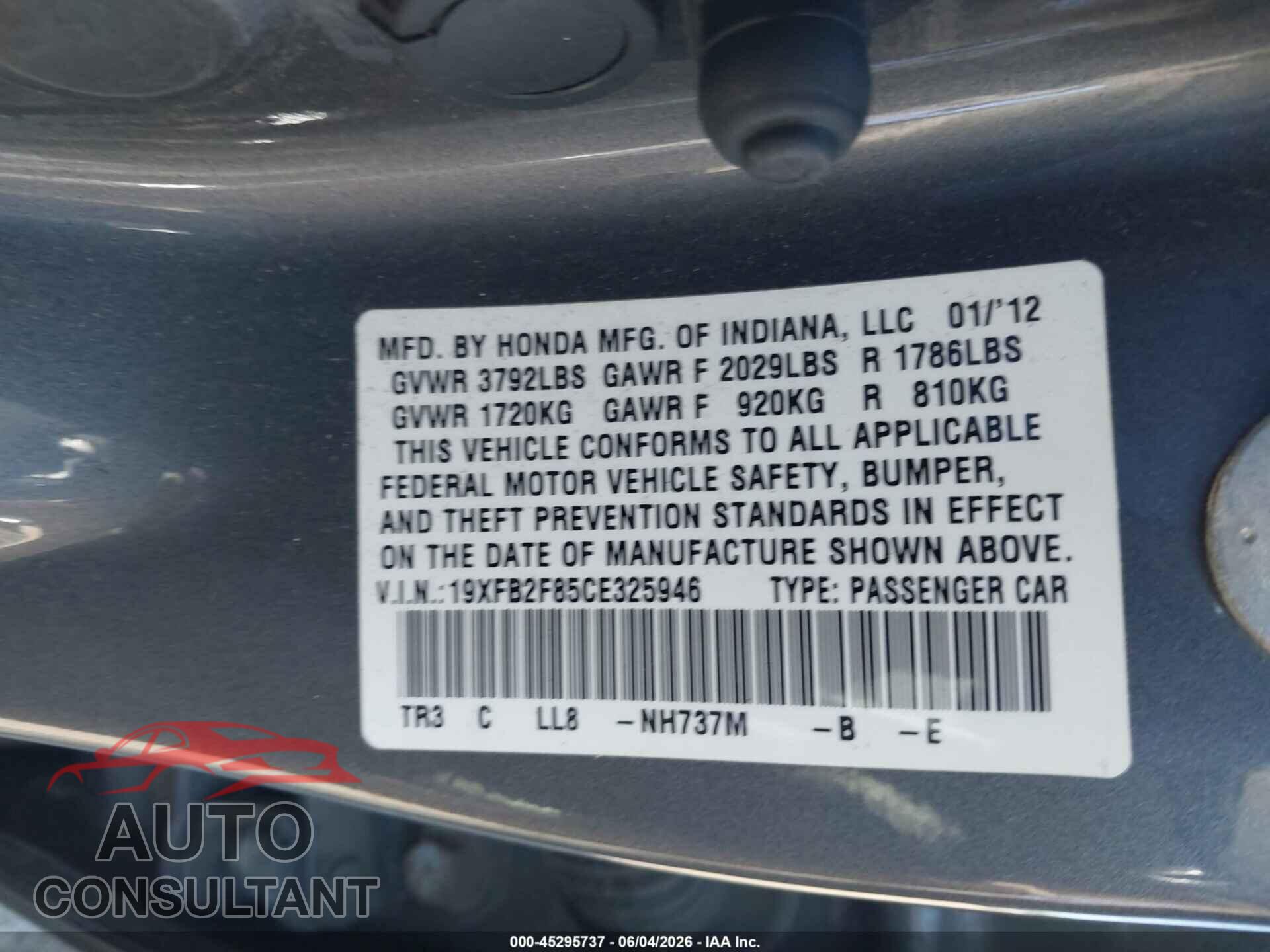 HONDA CIVIC 2012 - 19XFB2F85CE325946