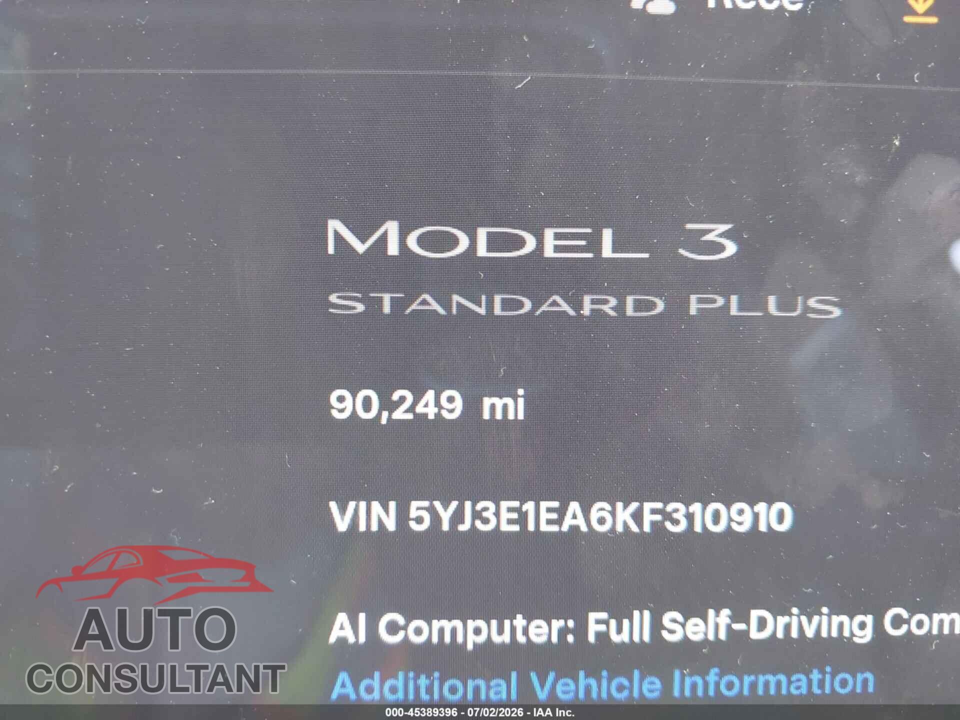 TESLA MODEL 3 2019 - 5YJ3E1EA6KF310910