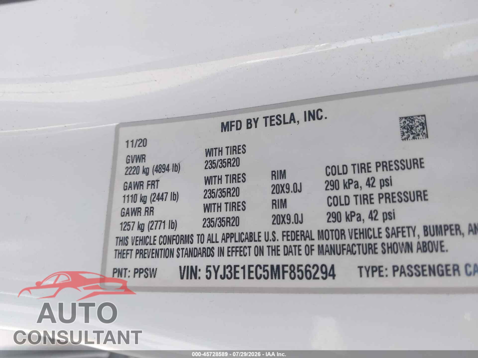 TESLA MODEL 3 2021 - 5YJ3E1EC5MF856294