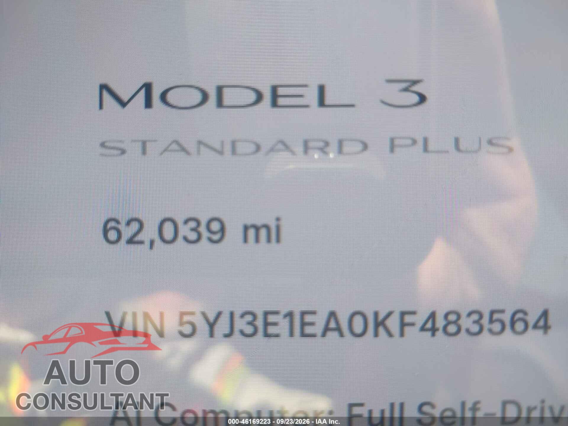 TESLA MODEL 3 2019 - 5YJ3E1EA0KF483564
