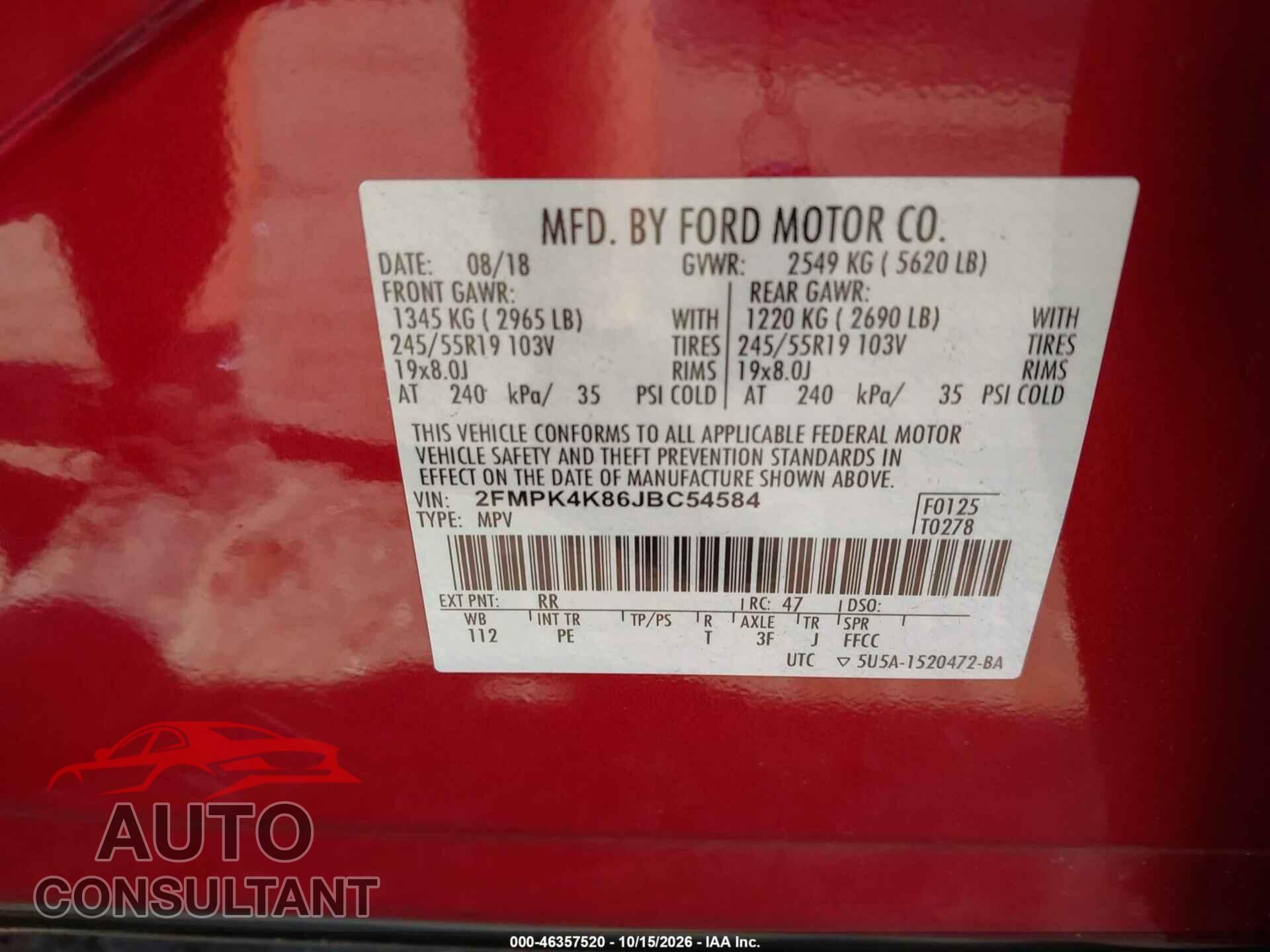 FORD EDGE 2018 - 2FMPK4K86JBC54584