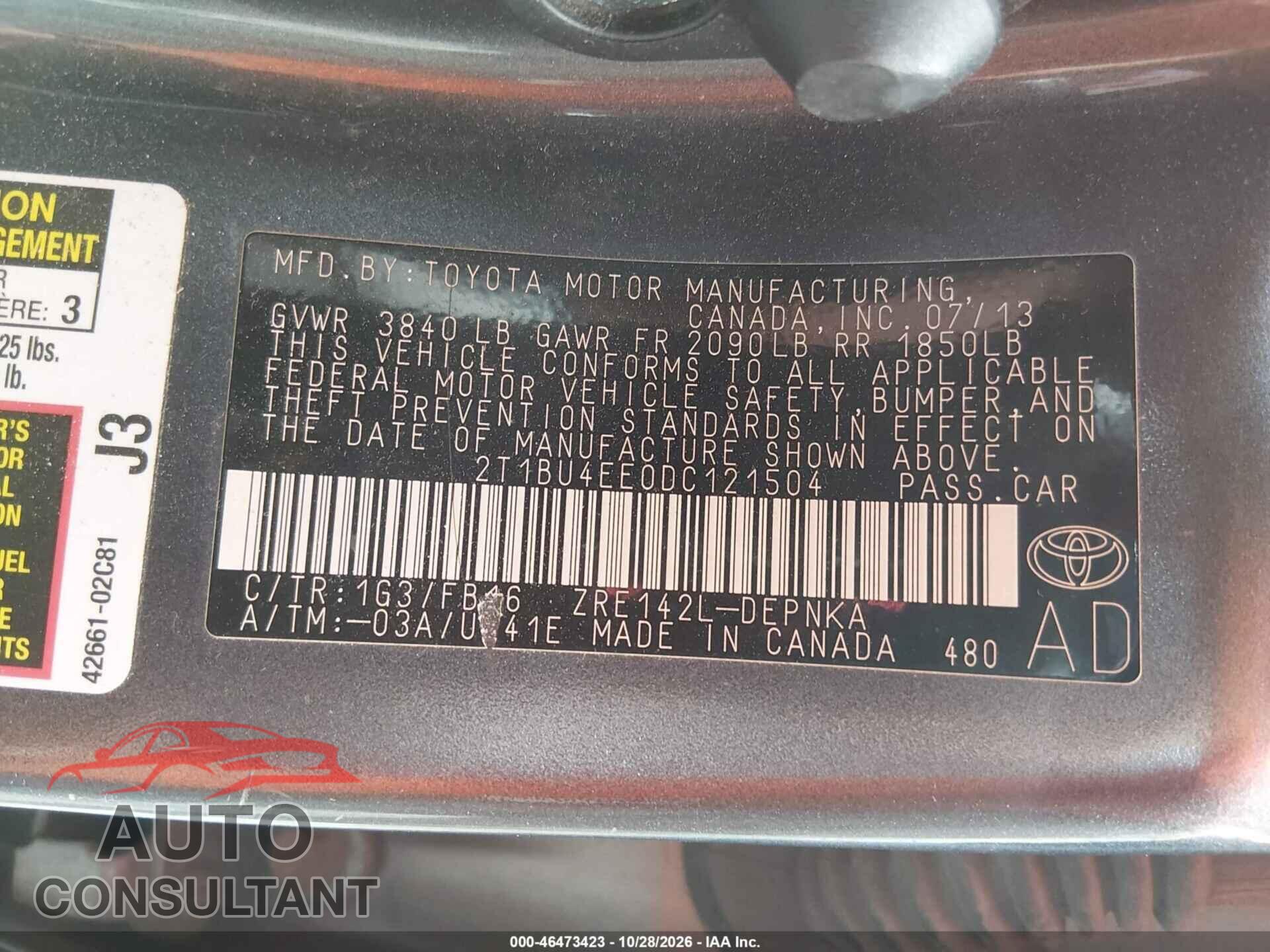 TOYOTA COROLLA 2013 - 2T1BU4EE0DC121504