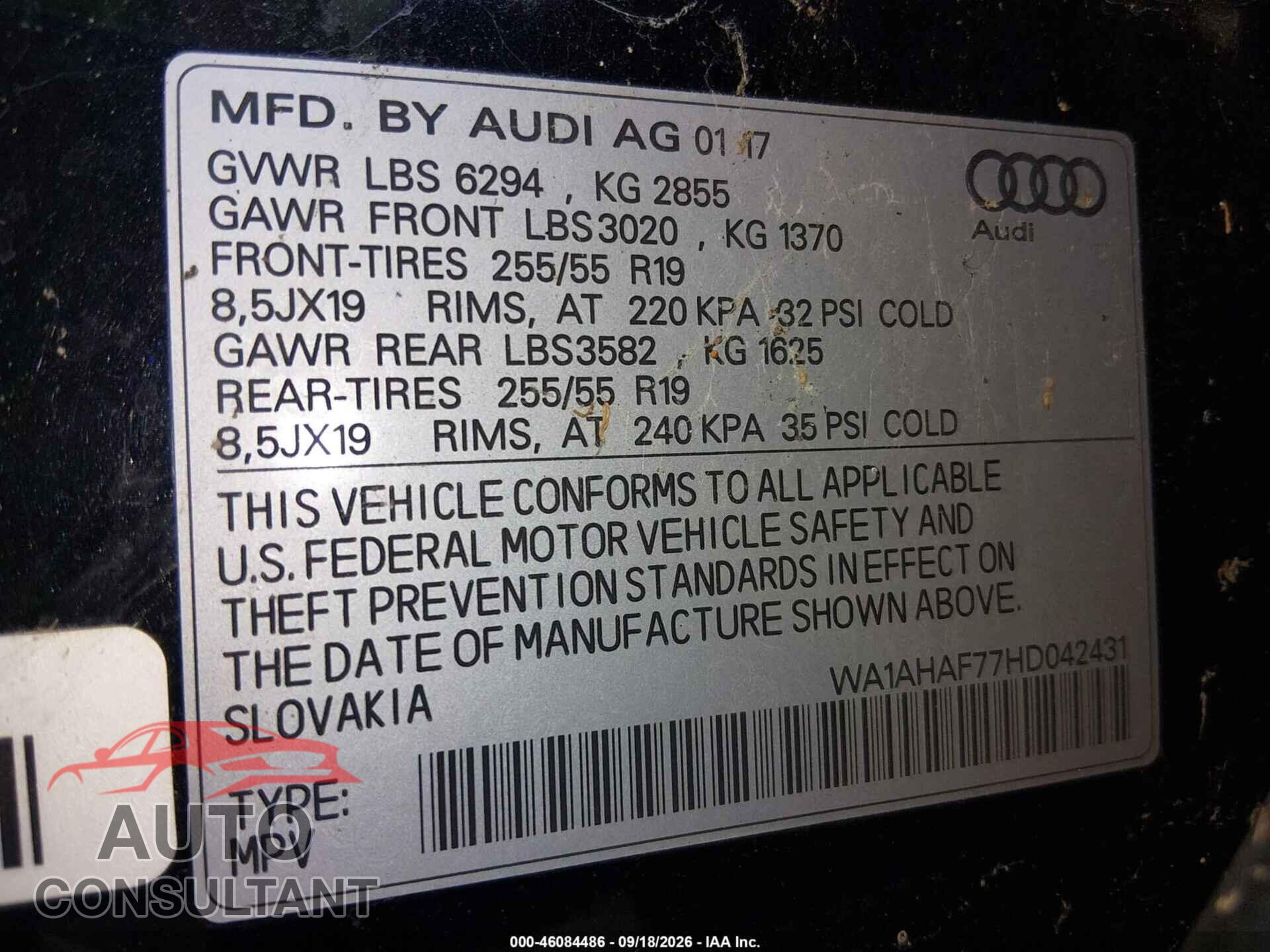 AUDI Q7 2017 - WA1AHAF77HD042431