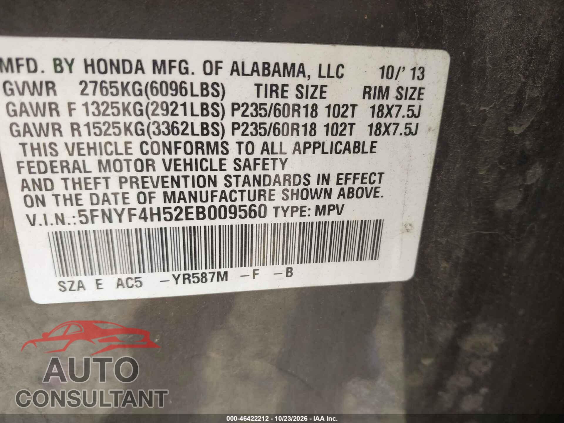 HONDA PILOT 2014 - 5FNYF4H52EB009560