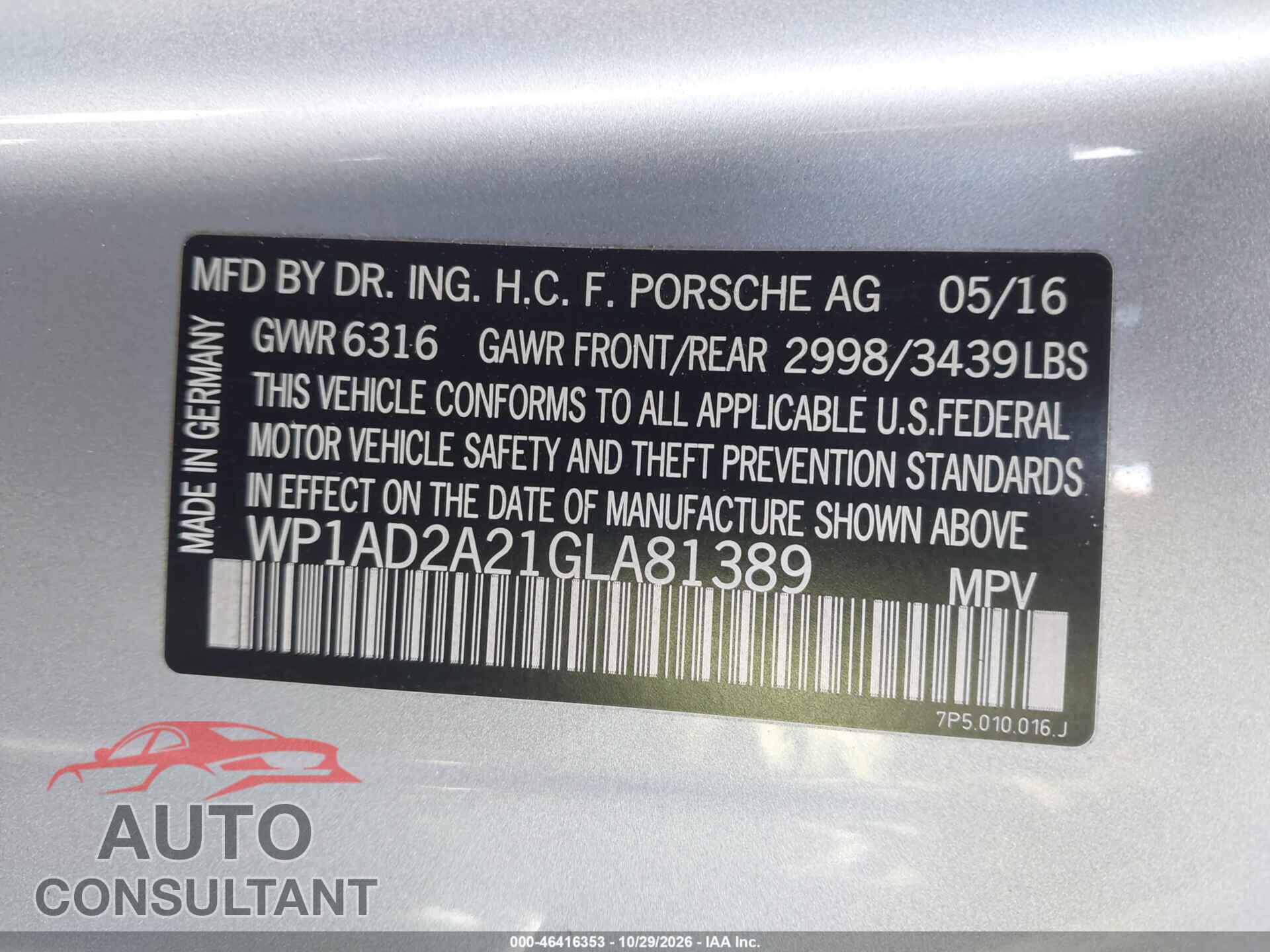 PORSCHE CAYENNE 2016 - WP1AD2A21GLA81389