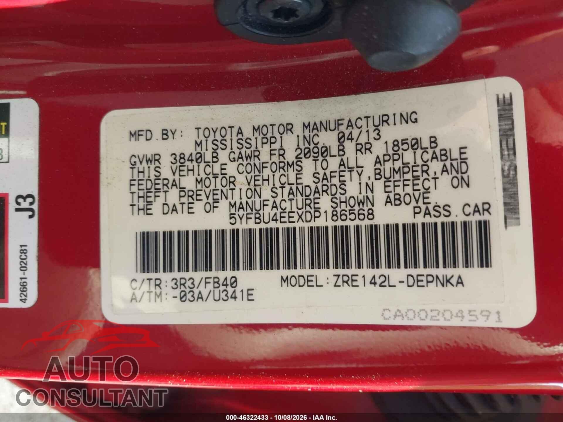 TOYOTA COROLLA 2013 - 5YFBU4EEXDP186568