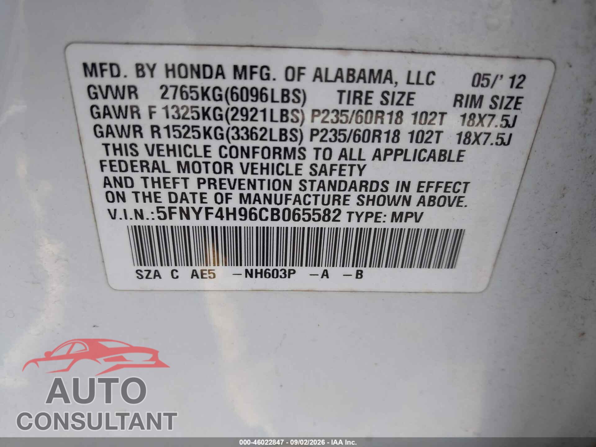 HONDA PILOT 2012 - 5FNYF4H96CB065582