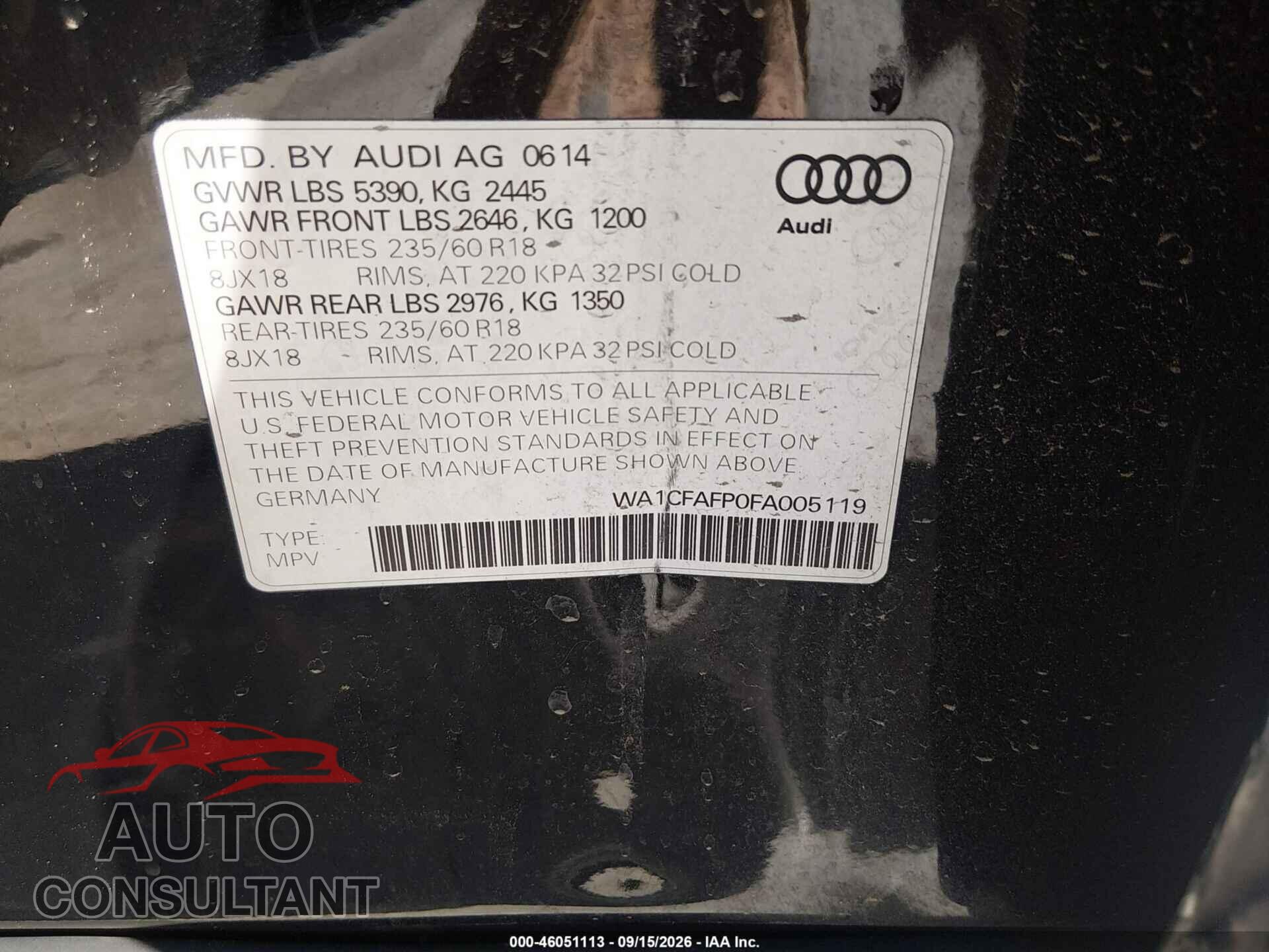 AUDI Q5 2015 - WA1CFAFP0FA005119