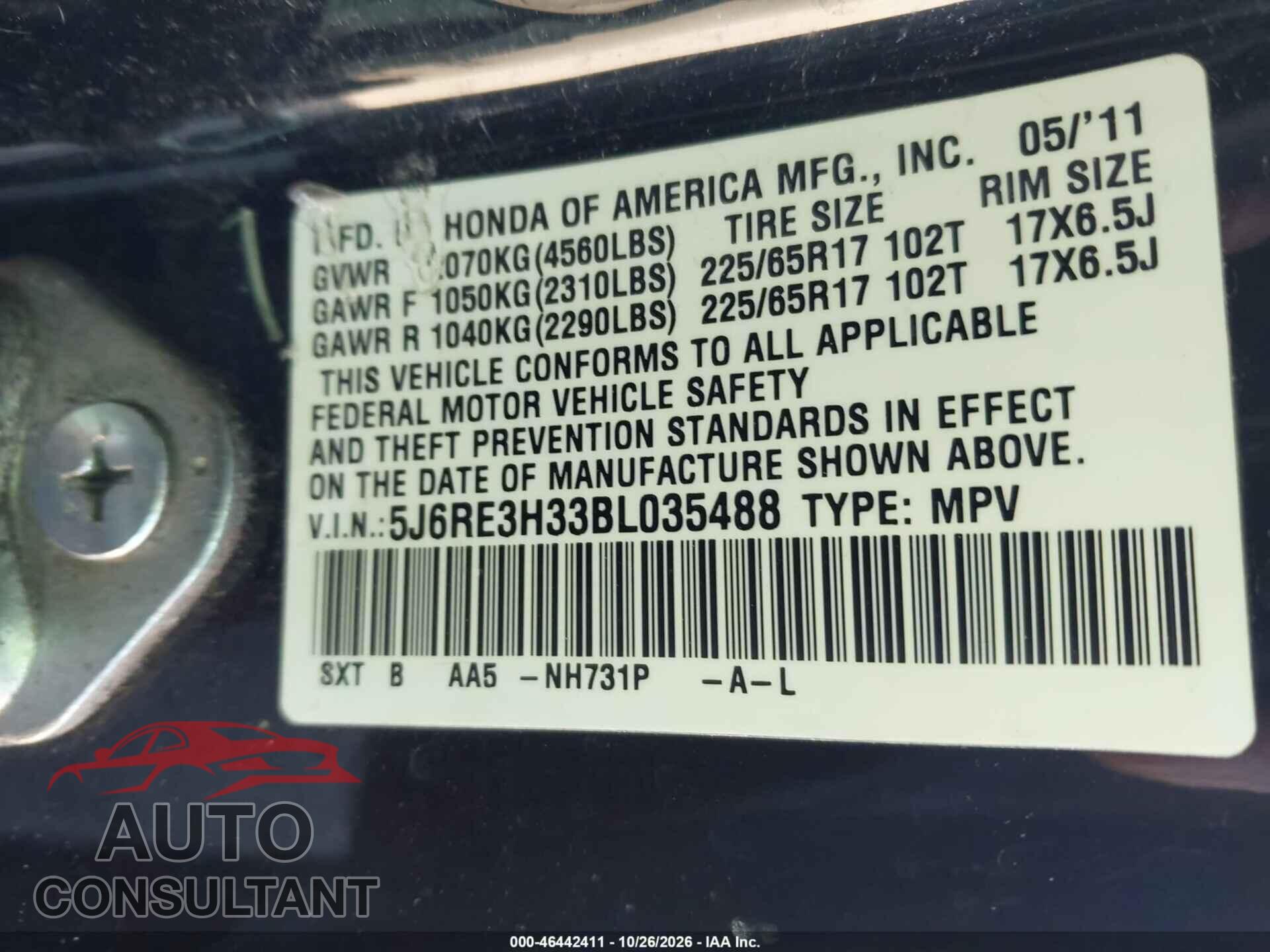 HONDA CR-V 2011 - 5J6RE3H33BL035488
