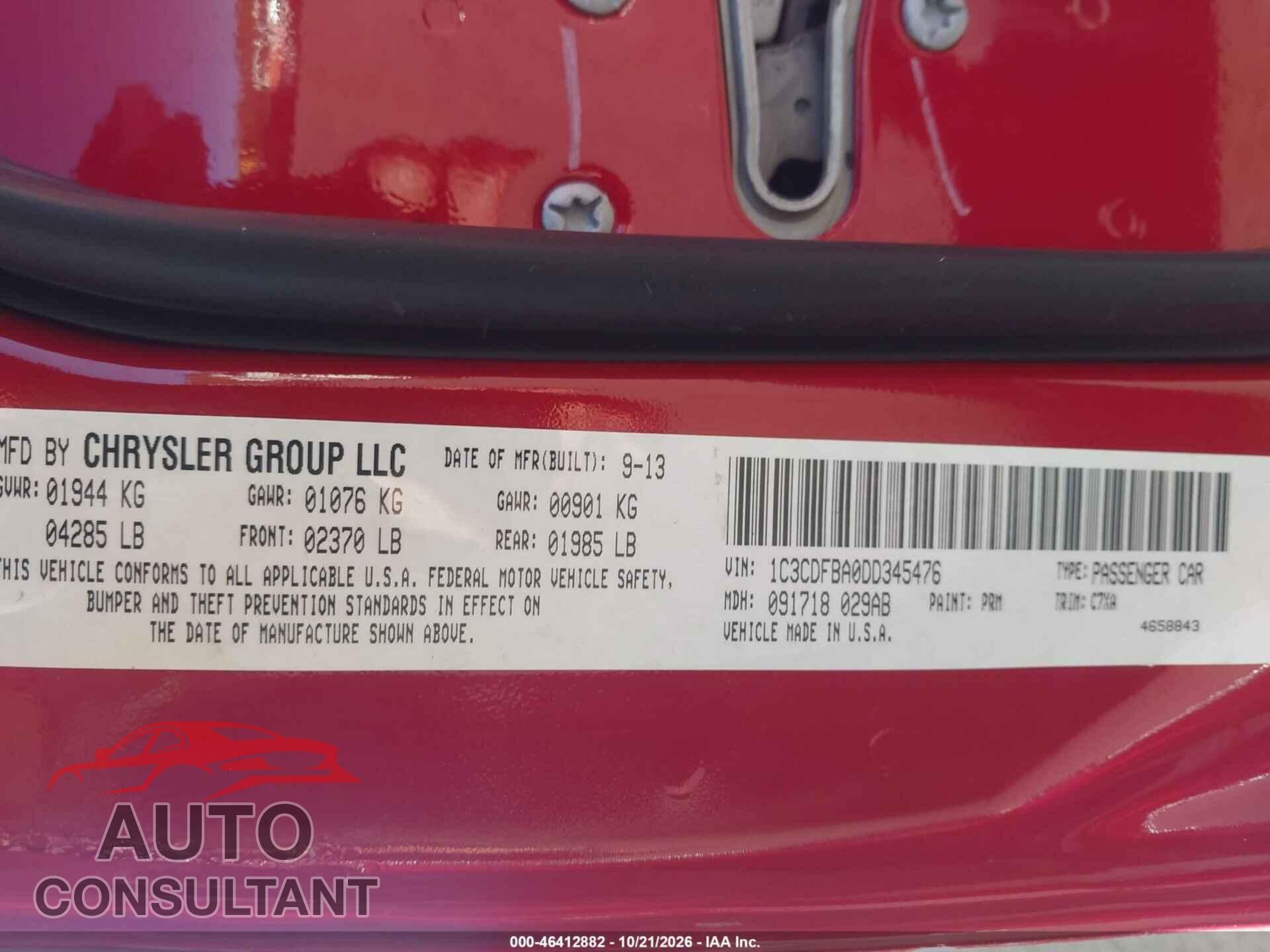 DODGE DART 2013 - 1C3CDFBA0DD345476