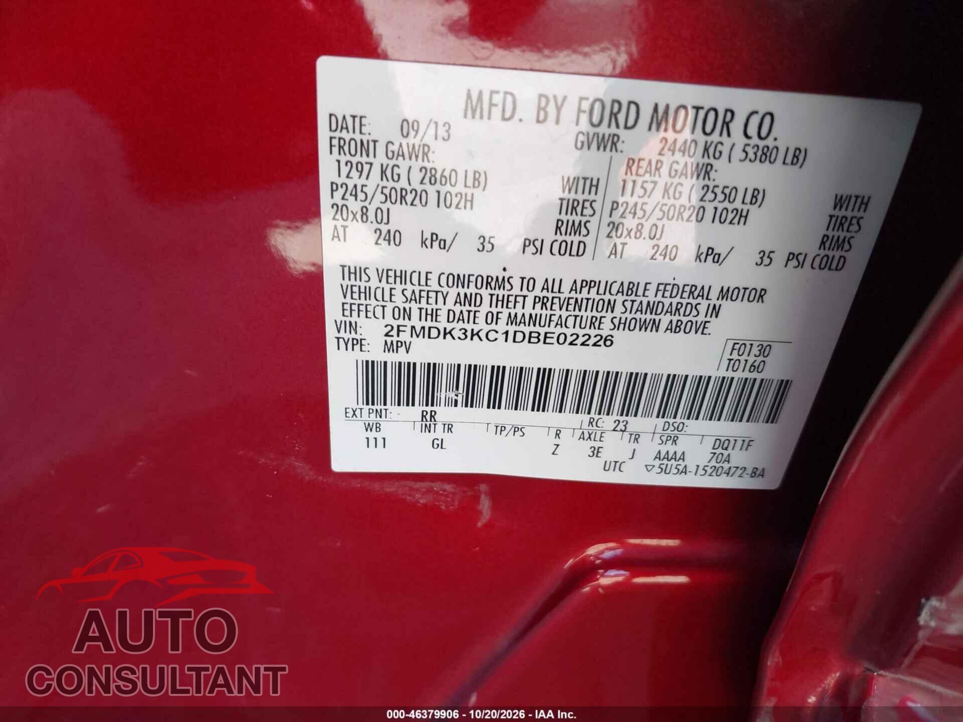 FORD EDGE 2013 - 2FMDK3KC1DBE02226