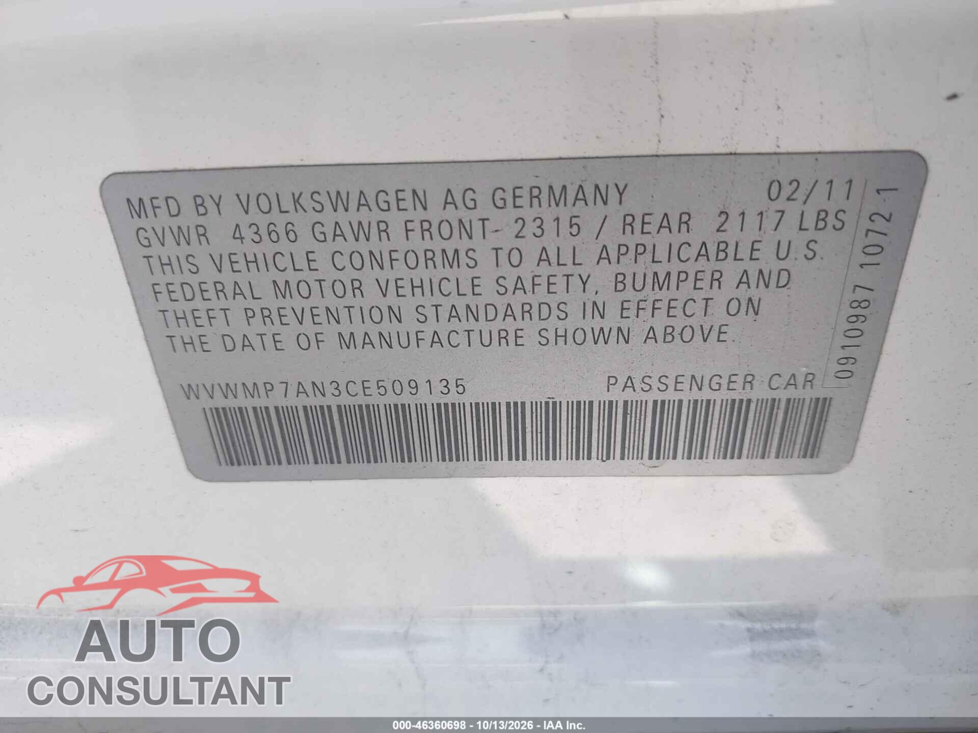 VOLKSWAGEN CC 2012 - WVWMP7AN3CE509135