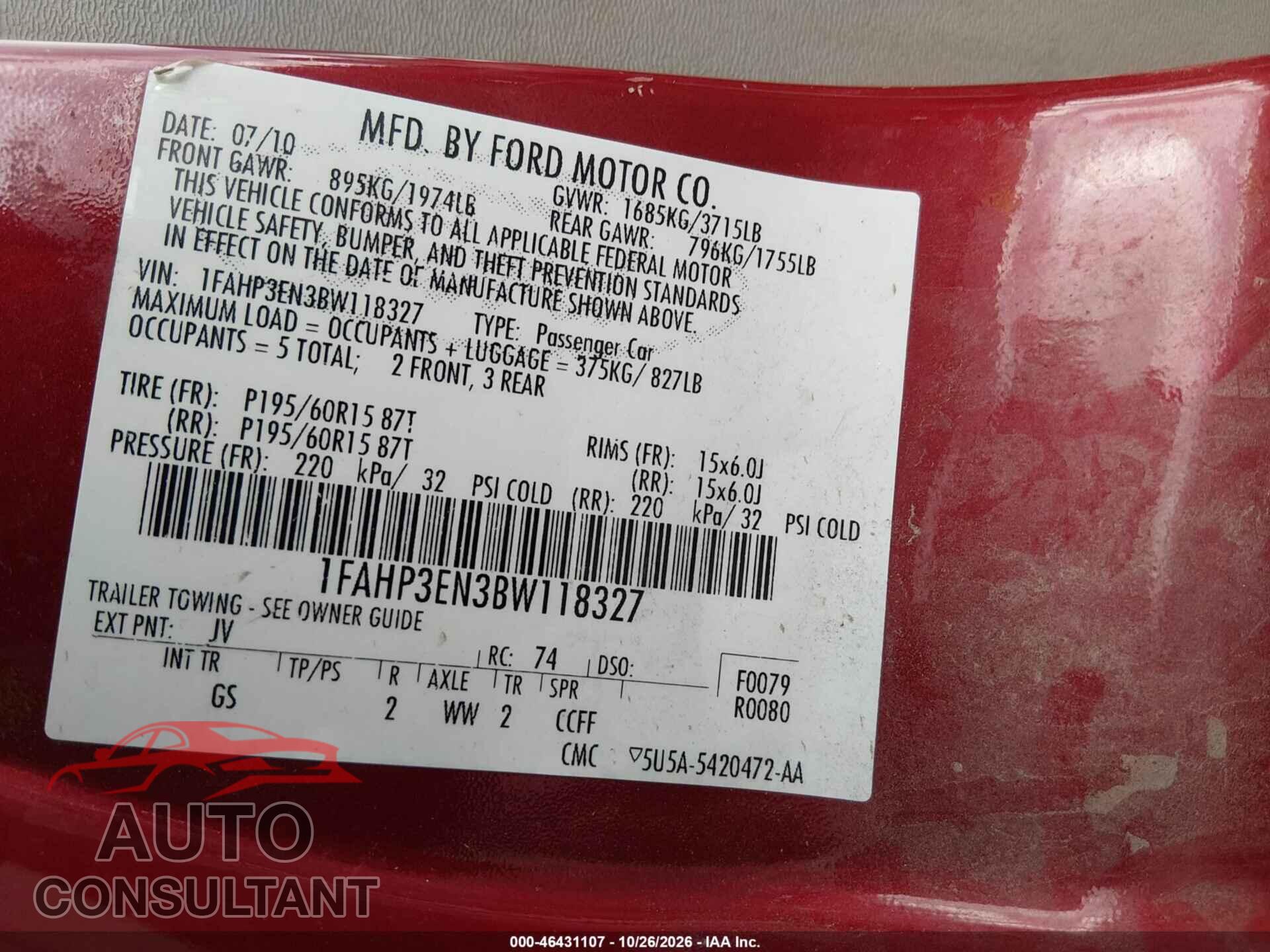 FORD FOCUS 2011 - 1FAHP3EN3BW118327