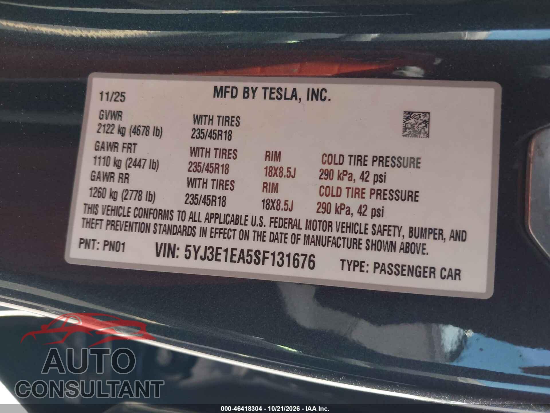 TESLA MODEL 3 2025 - 5YJ3E1EA5SF131676