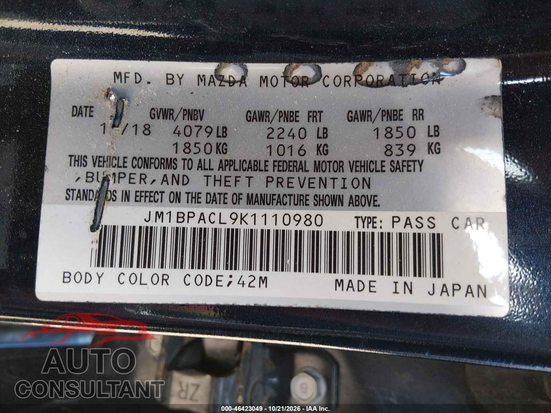 MAZDA MAZDA3 2019 - JM1BPACL9K1110980