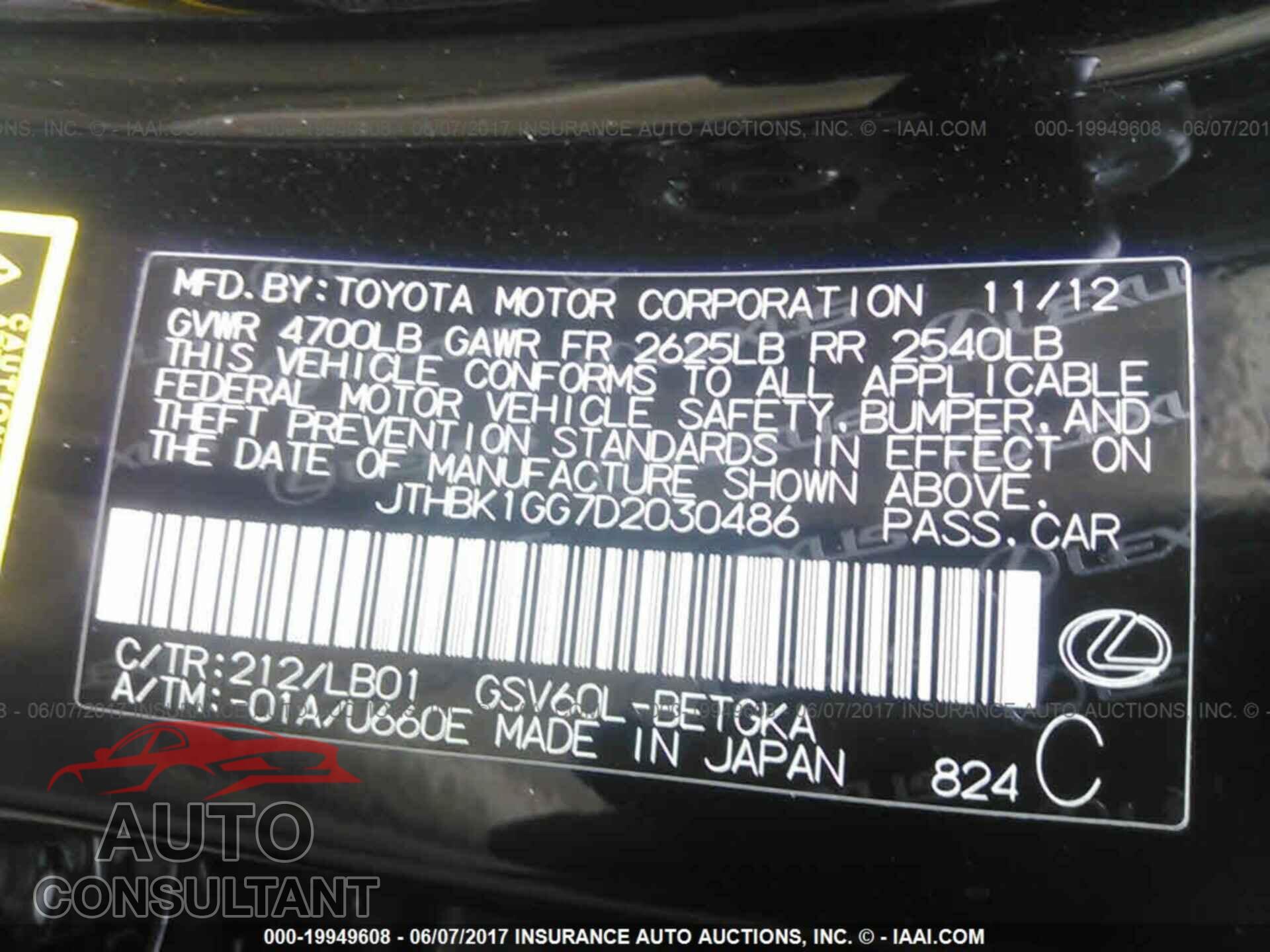 LEXUS ES 2013 - JTHBK1GG7D2030486