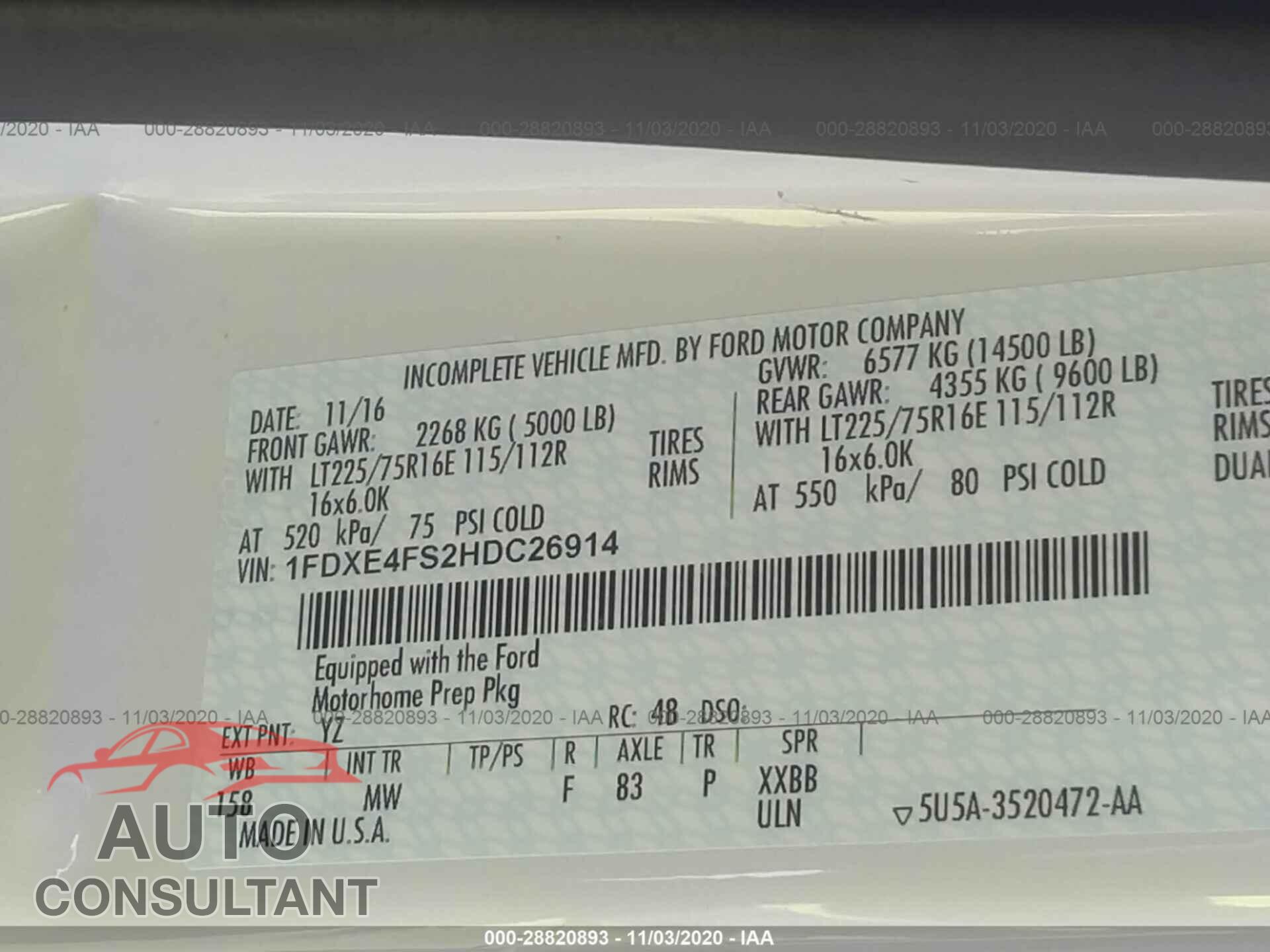 FORD E-SERIES CUTAWAY 2017 - 1FDXE4FS2HDC26914