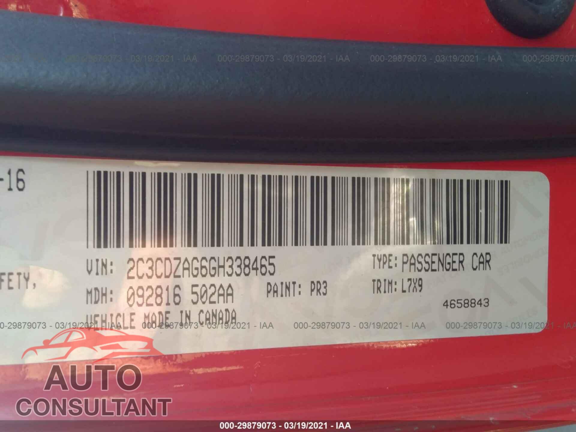 DODGE CHALLENGER 2016 - 2C3CDZAG6GH338465