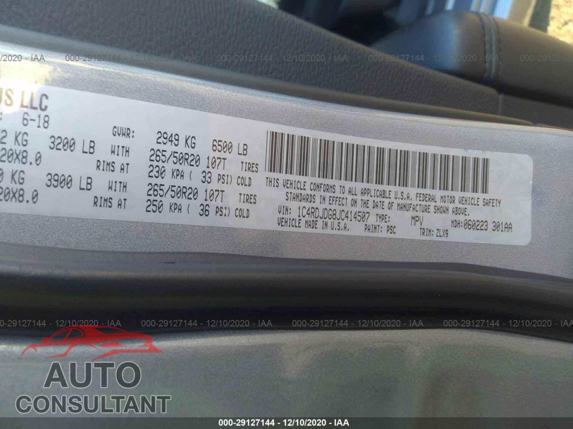 DODGE DURANGO 2018 - 1C4RDJDG8JC414507