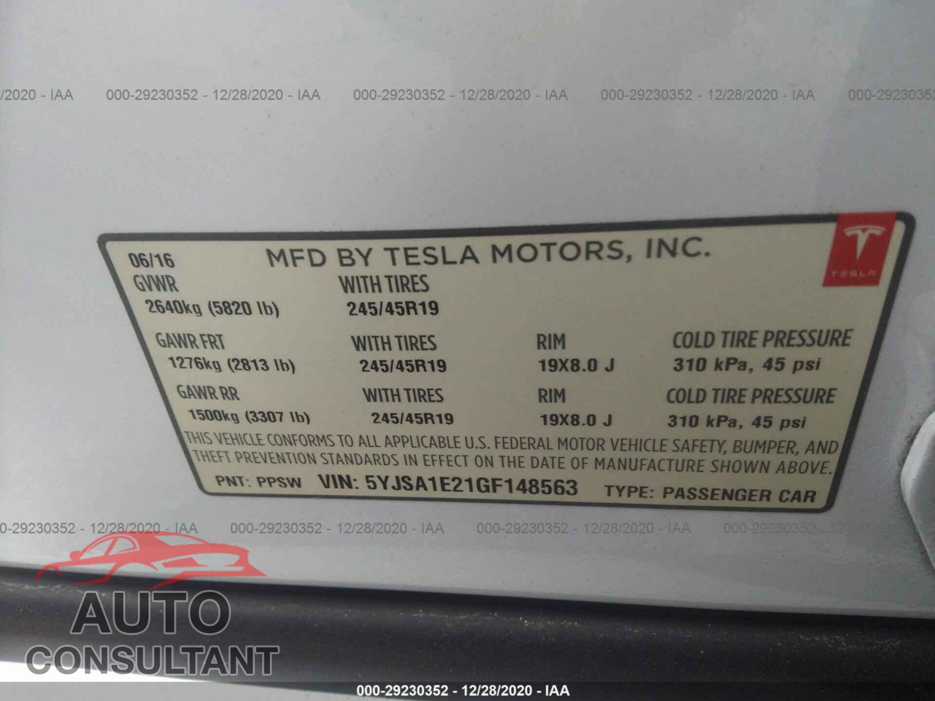 TESLA MODEL S 2016 - 5YJSA1E21GF148563