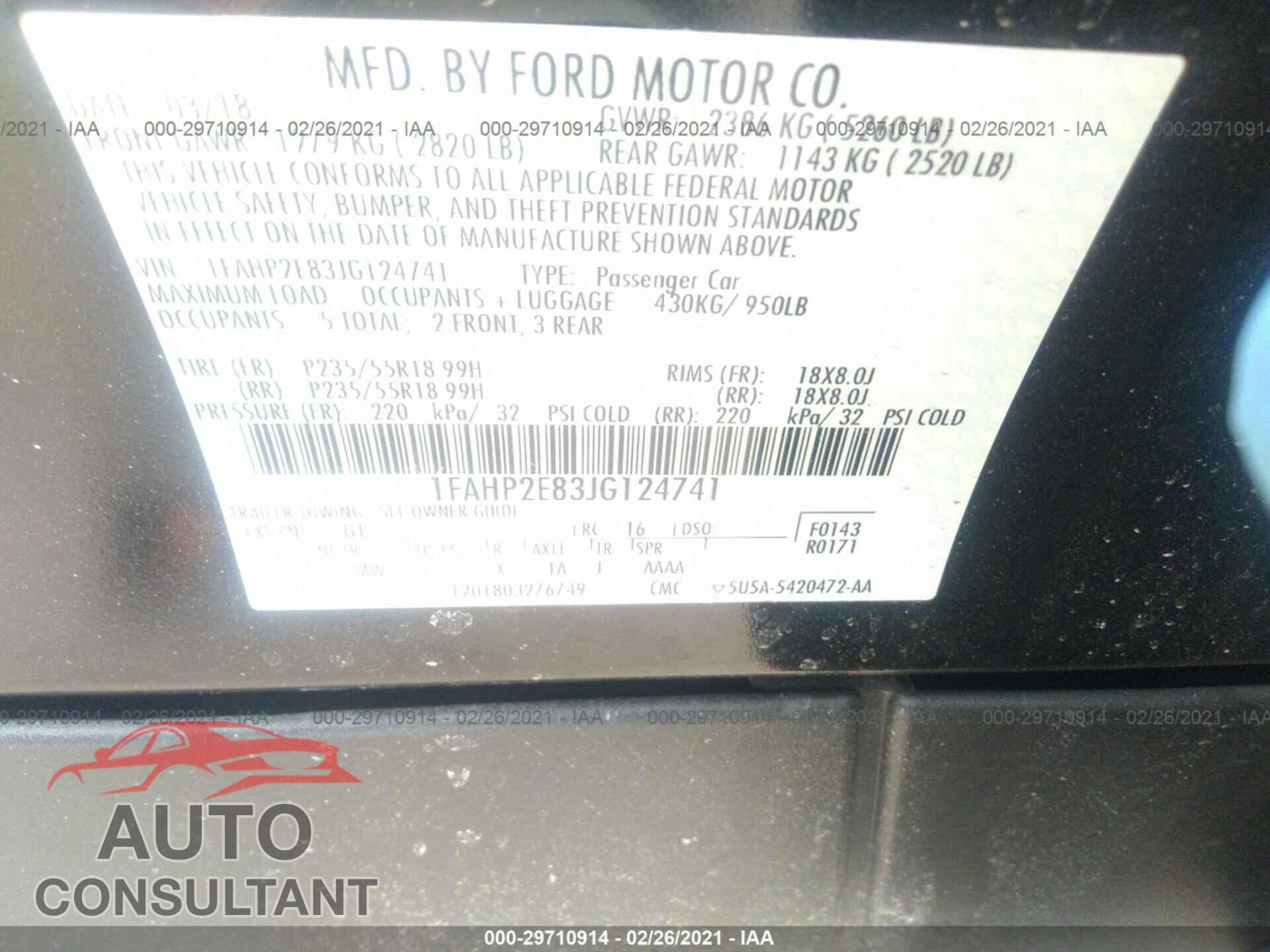 FORD TAURUS 2018 - 1FAHP2E83JG124741