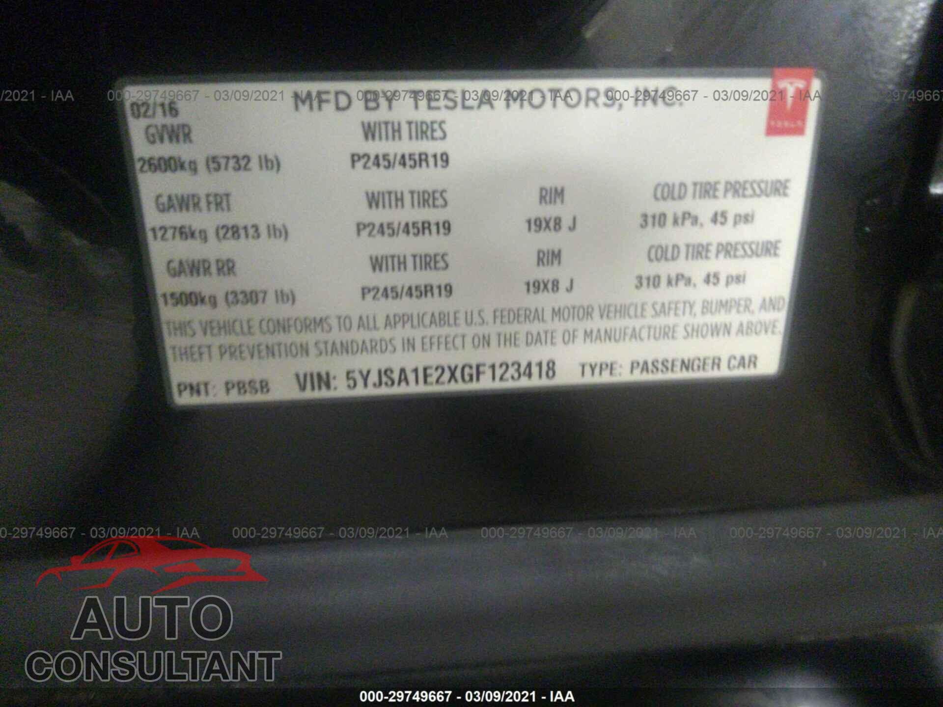 TESLA MODEL S 2016 - 5YJSA1E2XGF123418