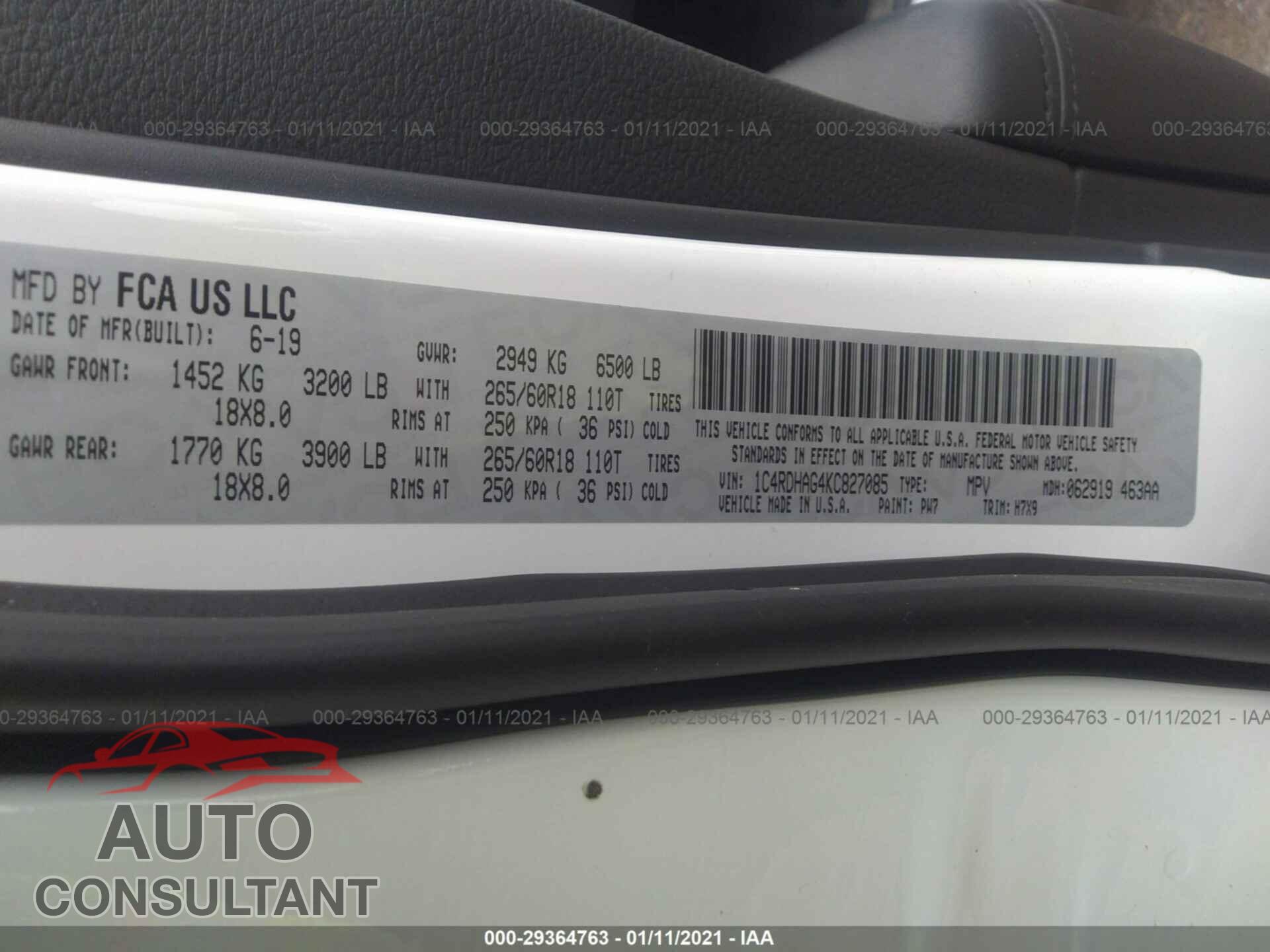 DODGE DURANGO 2019 - 1C4RDHAG4KC827085
